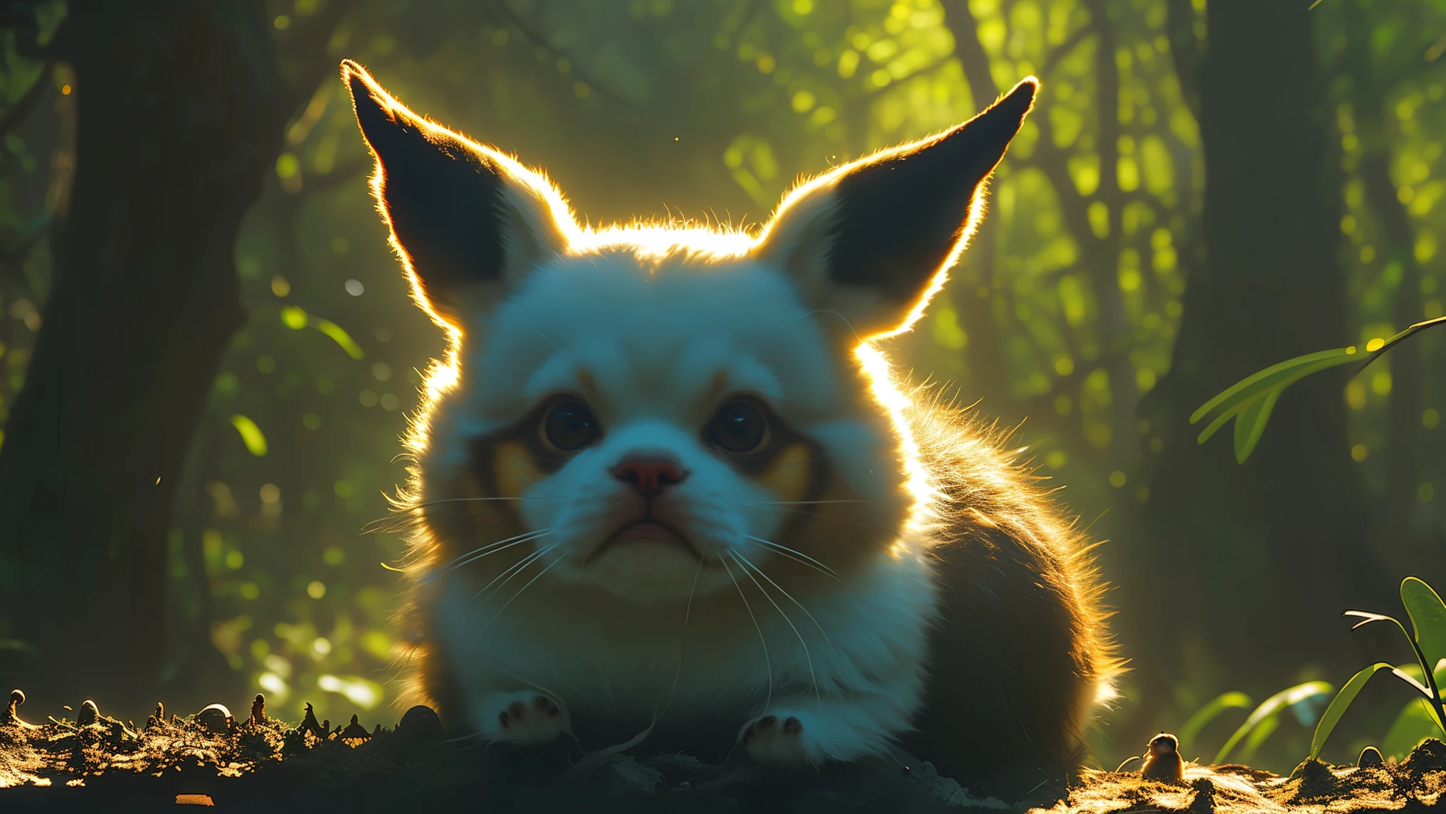 A highly detailed, realistic Pikachu with soft, fluffy yellow fur, large glossy eyes, and a cute but slightly wild expression. The texture of its fur is visible, with tiny individual hairs reflecting the ambient light. Its red cheeks have a natural glow, and its ears are slightly pointed with fine details. The environment is a lush forest with soft sunlight filtering through the trees, creating a magical yet realistic atmosphere. The background is slightly blurred to give a cinematic depth-of-field effect. The lighting is soft and natural, emphasizing the realistic texture of the fur and the gentle highlights in its eyes.
