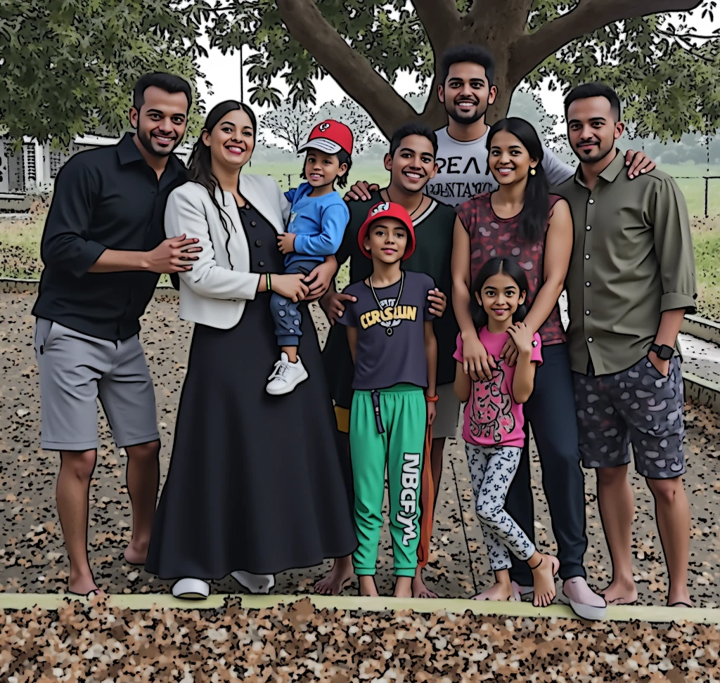 Generate a family of 5 people, put the name above guicho ivon gael yirem Kelly and they are looking to the horizon 