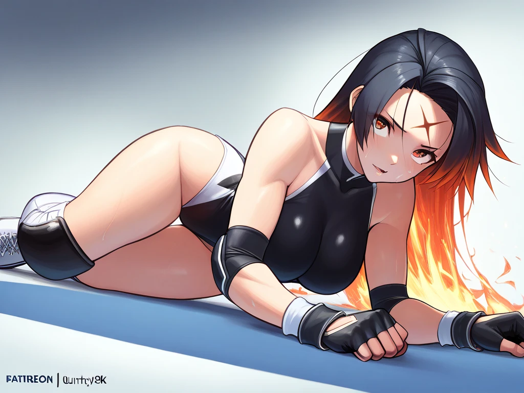 โ๏ธ๐ฅโค๏ธโ๐ฅ๐ Tifa lockhart, Final fantasy, The perspective of the image should be from above and from behind, as she performs a "slav squat" pose