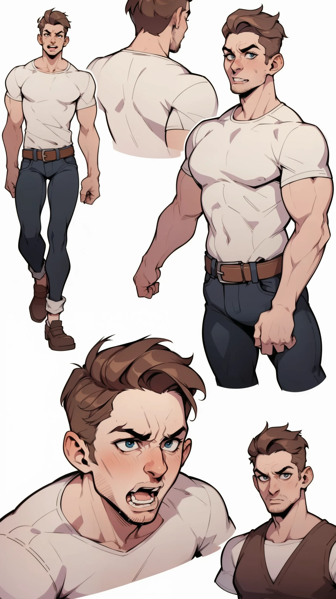picture of a slim man, 1guy, pat32, pat 33, 4k, short brown hair, highly detailed, white shirt and jeans, standing, young, charming, (plain white background), (upper body portrait), (reference sheet, simple white background, (multiple views)), extremely exaggerated open mouth scream