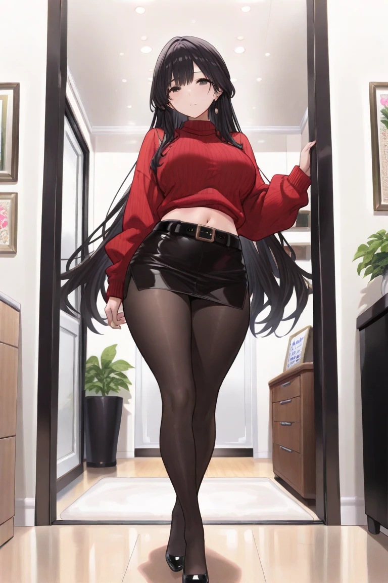 young elf girl, lila eyes, red Pullover, black long skirt, whole body to see, smiled, excited, moans, red long hair, sexy pose, big breasts, wide hips