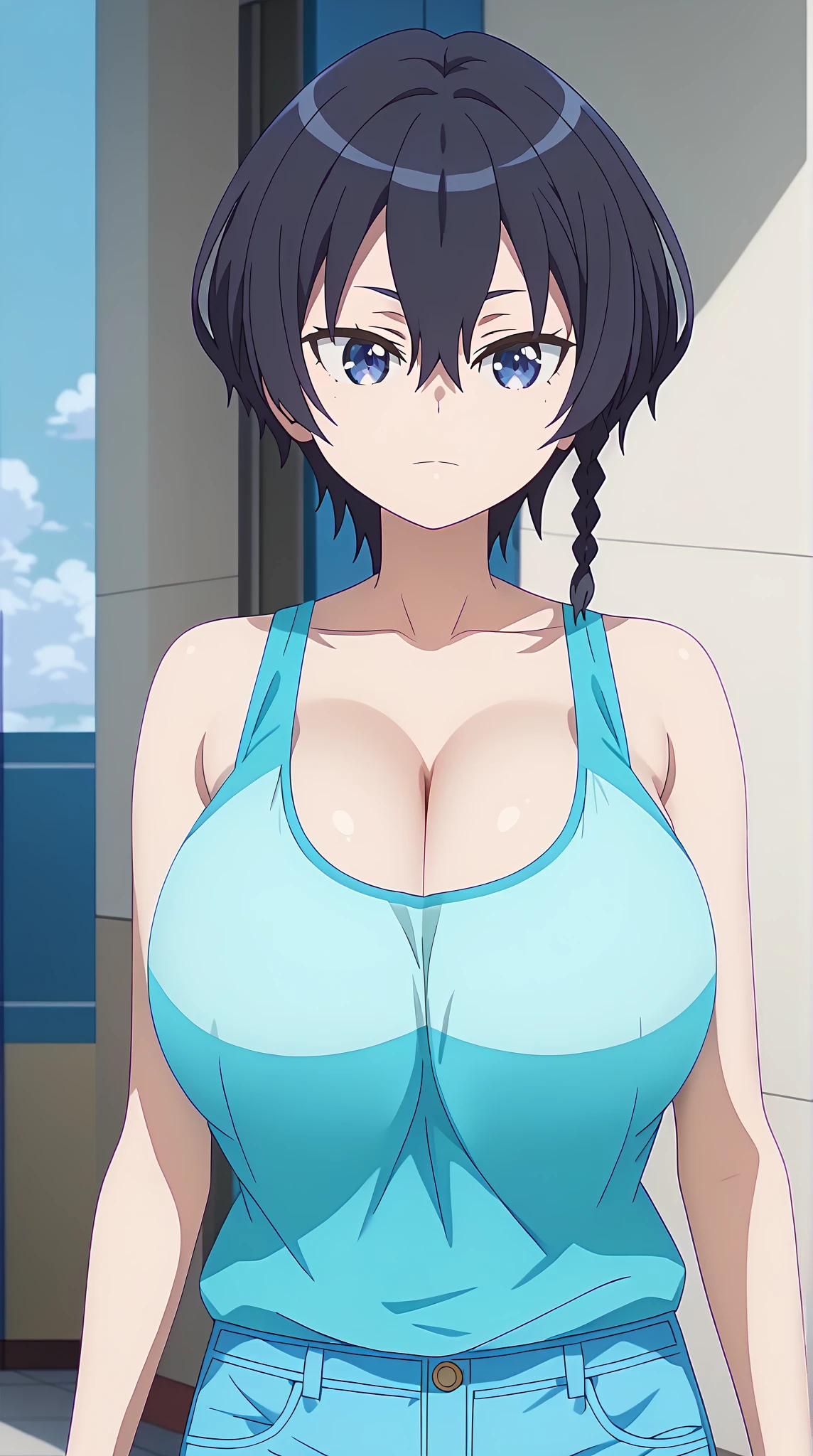 Huge , Naoha Kirigaya(Sword Art Online), 1 girl,real、 bob hair, hair clip, masterpiece、highest quality、Huge tit、School、dynamic angle, lace bra、view with camera、Semen in panties、Big breasts that are about to burst:1.7、panties are visible、Lace pink panties、Low - Angle、T-back、Titty fuck、cum on chest