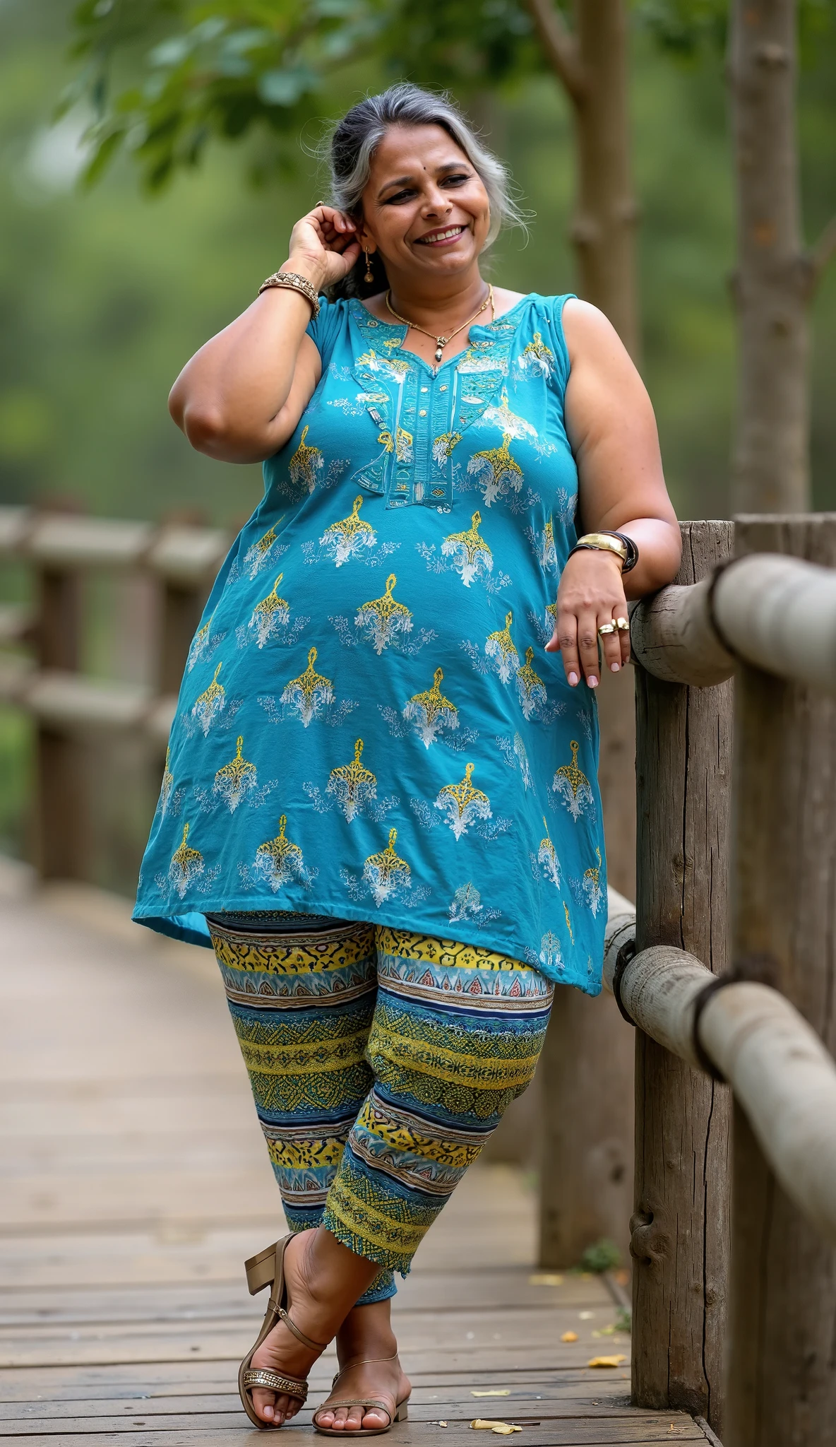 photorealistic, plump figure, big breasts, (blue eyes), (((Full body))), smiling, 1Thai woman wearing ( black ThaiElephantHaremPants), (white croped t-shirt), (nice slib shoes),(natural light),(rim light)