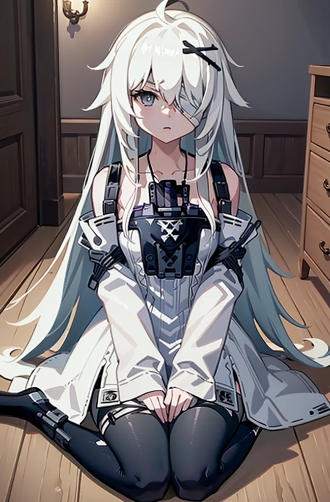 (Best Quality, masutepiece:1.2), 超A high resolution, ((hands tied behind)), ((arms behind back)), (((brown Rope))), Ambient lighting, Exquisite details and textures, Dusty air, light Particle, 1girl in, Small breasts, Detailed face, Slim body, Silver hair, Long hair, Side Ponytail, Animal ears, (puffies), Professional Lighting, Photon mapping, Radio City, wariza, Sitting on the floor, Wrapped in a rope, ((Bondage)), ((Rope Bondage)), Shy, blush, full of sweat, Ultra Detail, Thighs together, ((Shibari)), (((((The rope is wrapped around the body many times))))),