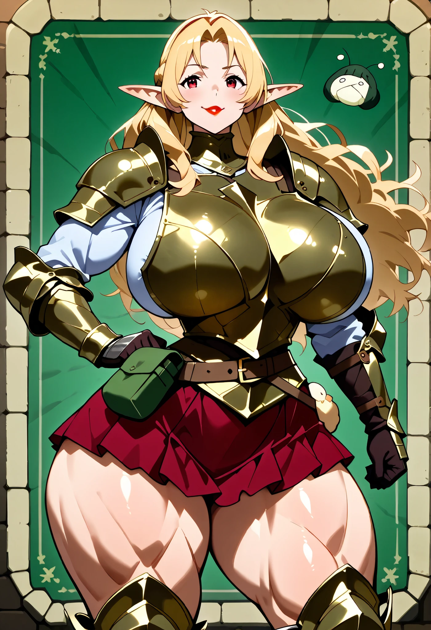 Elfa madura, elf ears, mature woman, (blond hair: 1.2), flowing hair, Red Eyes, (pretty eyes), (Blue hero's uniform snobby expression : 1.3), red lipstick background, (snobbish smile: 1.4), giant breasts e pesados, seios flácidos de mature woman, Grande , huge breasts, (medieval green metal armor: 1.5), (flamboyant armor covering the body), (manto preto: 1.3), (Medieval gauntlet: 1.4), (Medieval shoulder pads: 1.4), (short medieval skirt: 1.4), huge breasts, (giant breasts: 1,5), ( saggy and soft breasts ), (full breasts), (thin waist: 1.3), (big hips: 1.3), ( strong and muscular body: 1.4), (thick and shapely thighs: 1.2), (pose confidently: 1.3), (Best quality: 1,5), (high details: 1,5), (anime art style: 1,5), score_9, score_8_acima, score_7_acima, score_6_acima , score_5_acima , score_4_acima. (medieval belt with lots of fanny packs: 1.4)