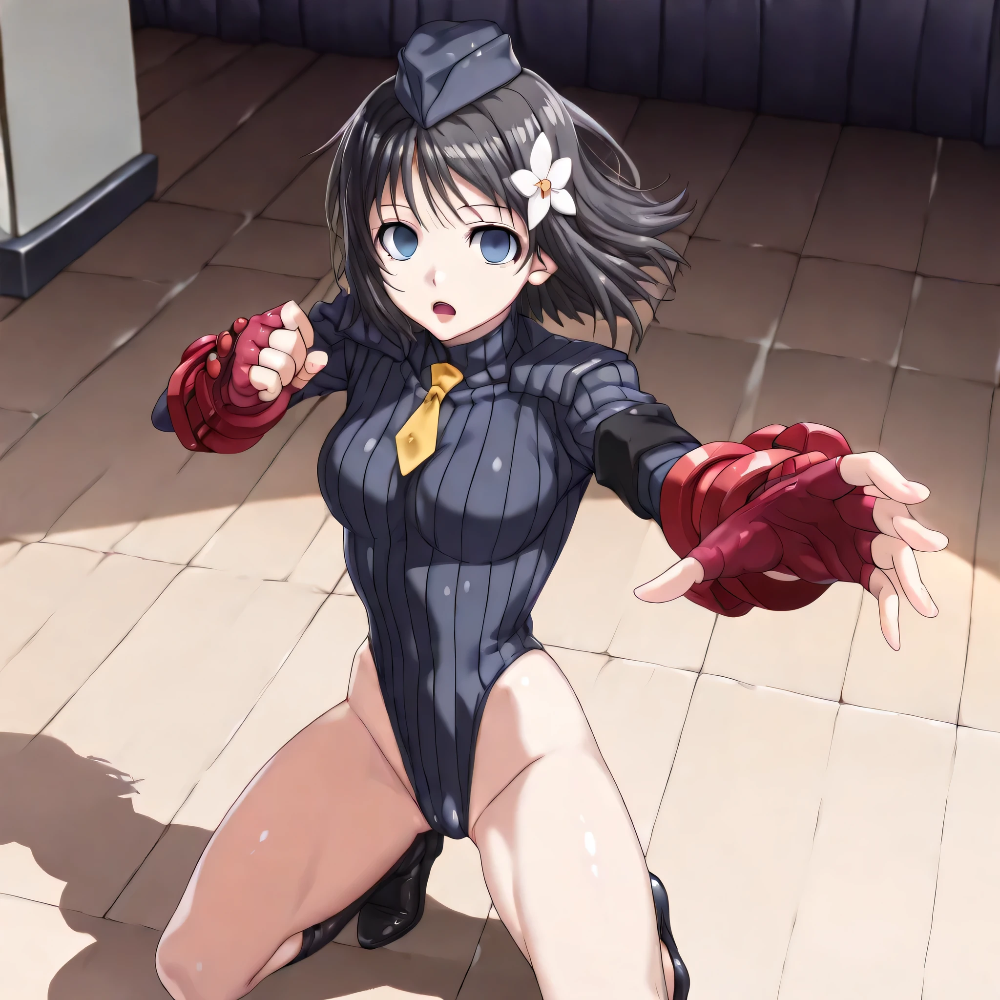(flabbergasted), asuna ba, looking at viewer, large breasts, ribbon, long hair, light brown hair, smile, ass visible through thighs, hair over one eye, strapless, blue bowtie, black pantyhose,playboy bunny, gloves,animal ears, mole, covered navel, fake animal ears, mole on breast, white gloves,highleg leotard,strapless leotard, bare shoulders, pantyhose, traditional bowtie, rabbit ears,detached collar, bowtie, thighband pantyhose, blue leotard, blue bow, cleavage,high-heels,blue high-heels , halo, solo, blue eyes, 1girl, panties,white background,simple background, show off nipple,REGULAR CROSS HARITSUKE, WOOD CROSS, V LEGS, FOLDED, WRISTS TO ANKLES, BOUND WRISTS, BOUND ANKLES, girl in crucified,full body,