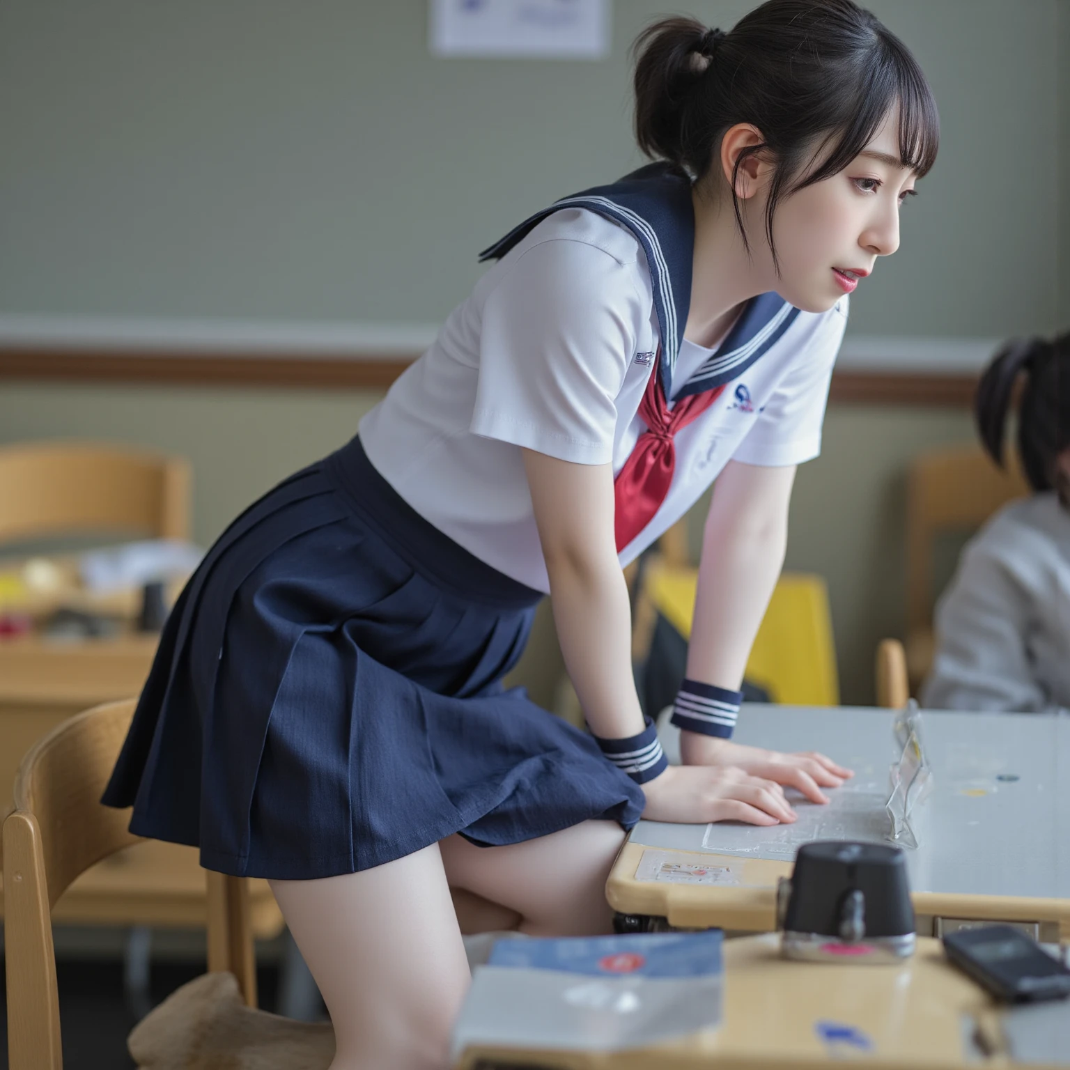 nsfw,One Woman、((Completely naked))、Primary school students,((small breasts)),Highest quality、Very delicate and beautiful、((Very short bangs))、((Bangs))、Highest quality、Very delicate and beautiful、Shiny black hair、The hair is light、((layered、long hair))、Cute face、Young face、Cute like an idol、Are thin、Slim figure、slender、Short、 body type、Background is an elementary school classroom、On all fours、Shooting from below、Low - Angle、Dutch Angle、ceiling、