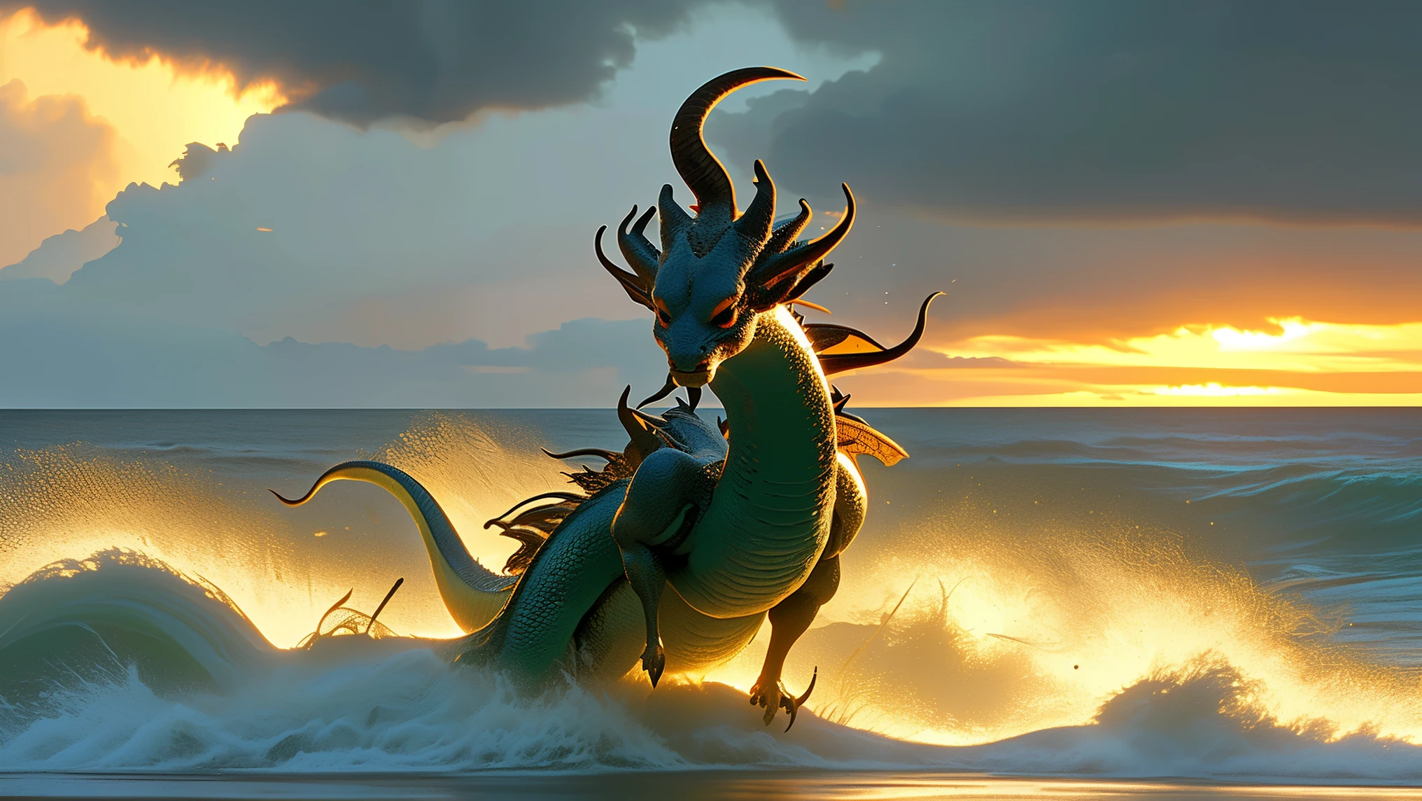 "A highly detailed, realistic Dragonite with textured orange scales, a strong yet gentle expression, and deep, intelligent eyes. Its wings are slightly translucent with visible veins, resembling those of a large, majestic dragon. The horns on its head are smooth and slightly curved, reflecting light naturally. The powerful limbs and tail are covered in a mix of soft skin and tough scales, showing a balance of strength and agility. The environment is a dramatic coastal cliff with waves crashing below and a cloudy sunset sky, giving an epic and adventurous feel. The lighting is warm and dynamic, highlighting the natural textures of Dragonite's body.