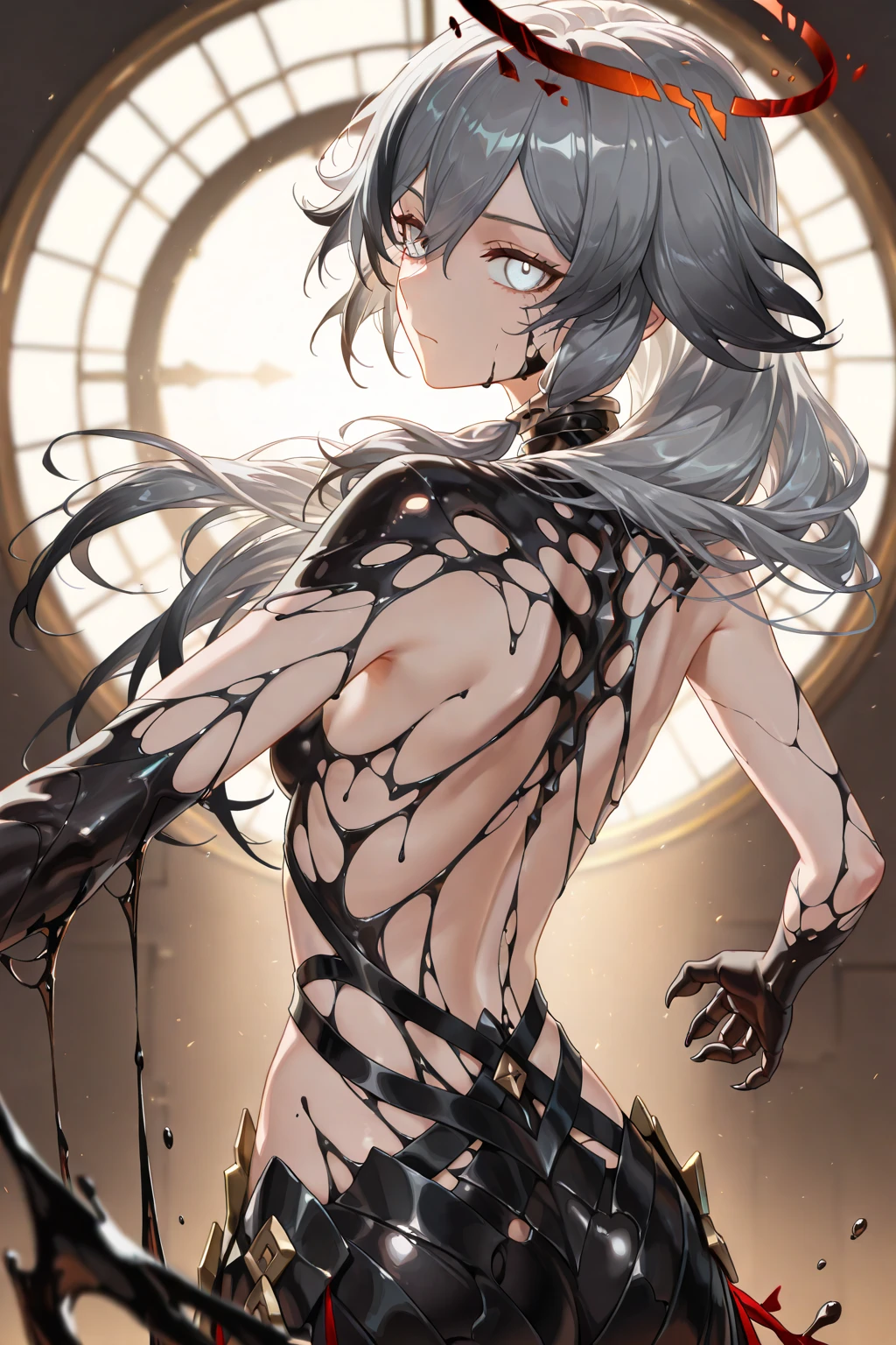 Mizuki Yukikaze, damaged Taimanin suit, small breasts, ((pointy breasts)), ((pointy nipples out)), (dark skinned female:1.2), (Dark skin:1.2), (sweat gleaming skin:1.1), in the bedroom, intricate details, cinematic lighting, 1girl, (red blush, embarrassed from), lie on back, legs up high, spread legs, hold knees, ((crotch grab)), ((spreading vagina by hand)), spread pussy, uterus, squirt from uterus, urethra, orgasm, orgasm face, sweating,
