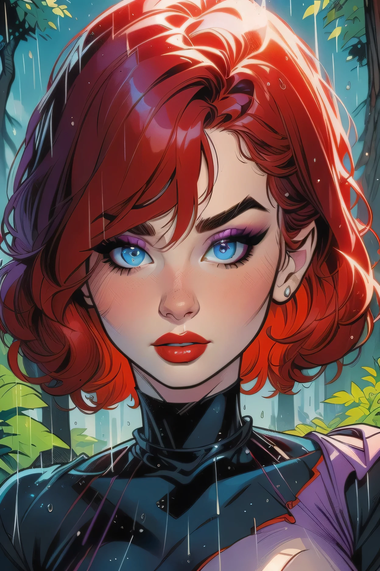(Perfect Face, Short Cut Smooth Hair, Bright Red Hair, Black Thin Eyebrows, Blue Eyes, Purple Eyeshadows, Black Eyeliners, Blushing, Bright Red Thick Lips, Beautiful Woman) Forest, Cloud, Rain