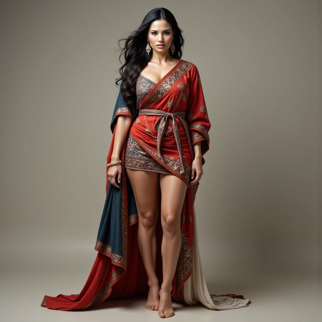 stunning young woman with Moroccan heritage, cultural identity, beauty with intricate details, from the graceful curves of her traditional attire to the subtle nuances of her features that reflect both strength and grace ,olive-toned skin ,vibrant colors of her clothing , showcases her physical beauty ,radiates the warmth and diversity of Moroccan culture ,(best quality,4k,8k,highres,masterpiece:1.2),ultra-detailed,(realistic,photorealistic,photo-realistic:1.37) ,toned and sculpted physique,fit and slender body,well-defined muscles and curves,
flawless skin,(tall and graceful posture),radiating confidence and elegance,perfect proportions,enviable hourglass shape,
impeccable body symmetry,healthy and vibrant appearance,beautiful long legs,raven-black hair,
cleavage breasts,((wearing a (red) sexy ethnic style embroidered Kaftan Dress)),(sharp focus),(portraits),(ultra-detailed, highres, colorful), outdoors in the garden , green olives trees behind ,A gentle breeze blows,The skirt dances lightly。The sun shines through the leaves on her haiperfect viewpoint, highly detailed ,
vibrant color,simple background,professional photography.
