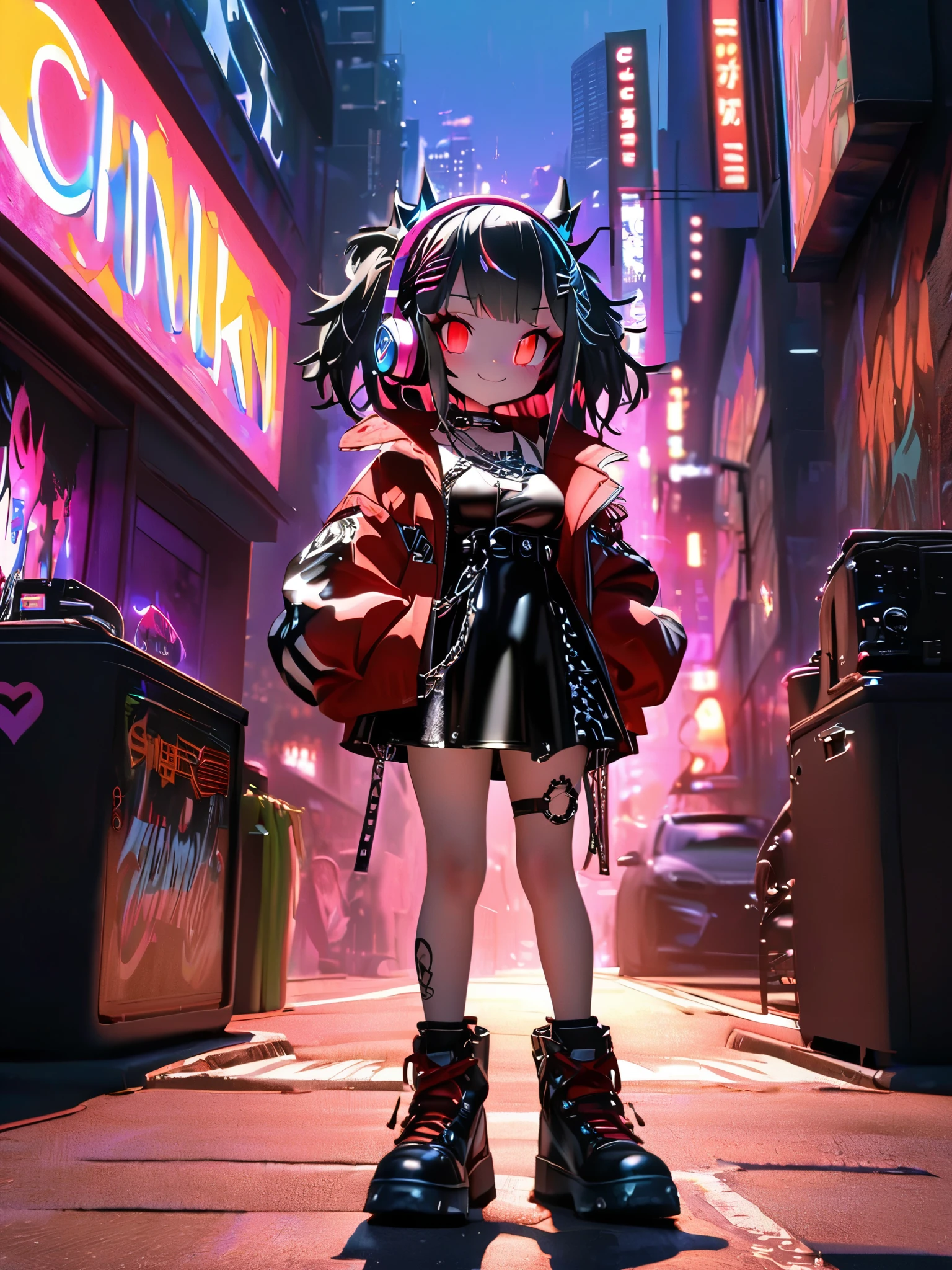 Anime girl in a short skirt and boots standing on a city street - SeaArt AI