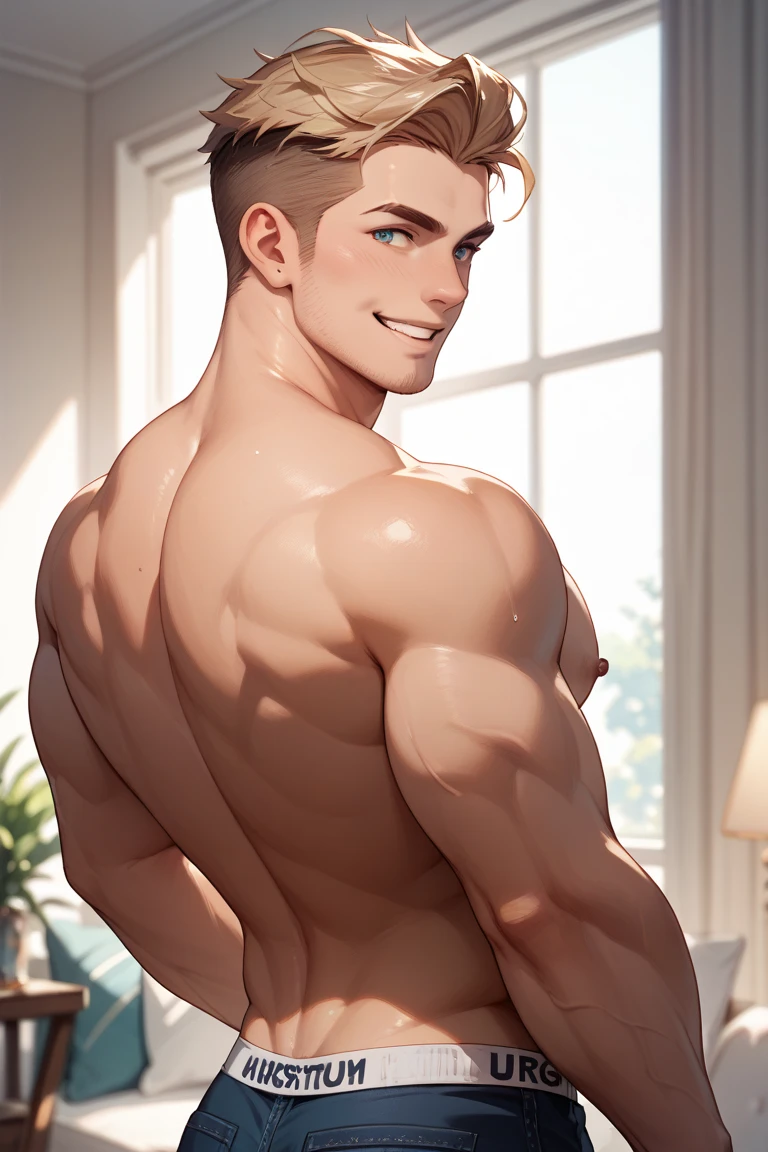 masterpiece, ((Beautiful Boy)), ((logic)), ((High resolution)), RAW Photos, The veins in his arms are visible, Perfect limbs, Beautiful double eyelids, Depth of the written border, Cinema Lighting, Delicate depiction of hair, (good looking), Familiar, There's no one here, Beautiful Nose, Observe the audience, ((首logicまで少しカールした黒のショートヘア)), (Nude),, ((Shiny, Hairless muscle)), Simple modern room, smile, Very beautiful and pretty face
