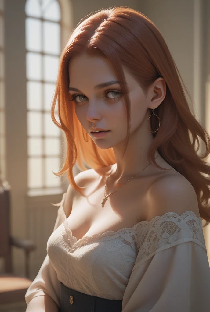 beautiful realistic young model with big bust, red hair, cinematic lighting, face and body focused (masterpiece: 1.5) (photorealistic: 1.1) (8k) (HDR) (cinematic lighting), side profile