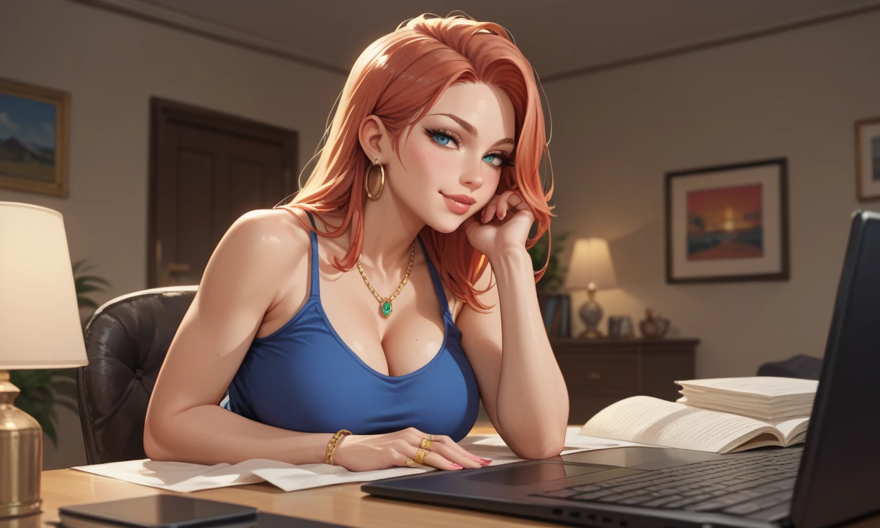 sexy anime girl working on computer in loft skyline
