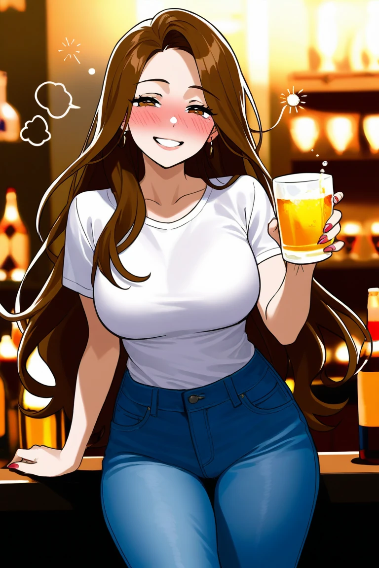 Disney style animation of a tall white shirt curly haired girl with bangs that’s skinny and has brown eyes cheers a beer with a shorter long reddish brown haired girl that has a dimple when smiling big boobs and is tan with brown eyes