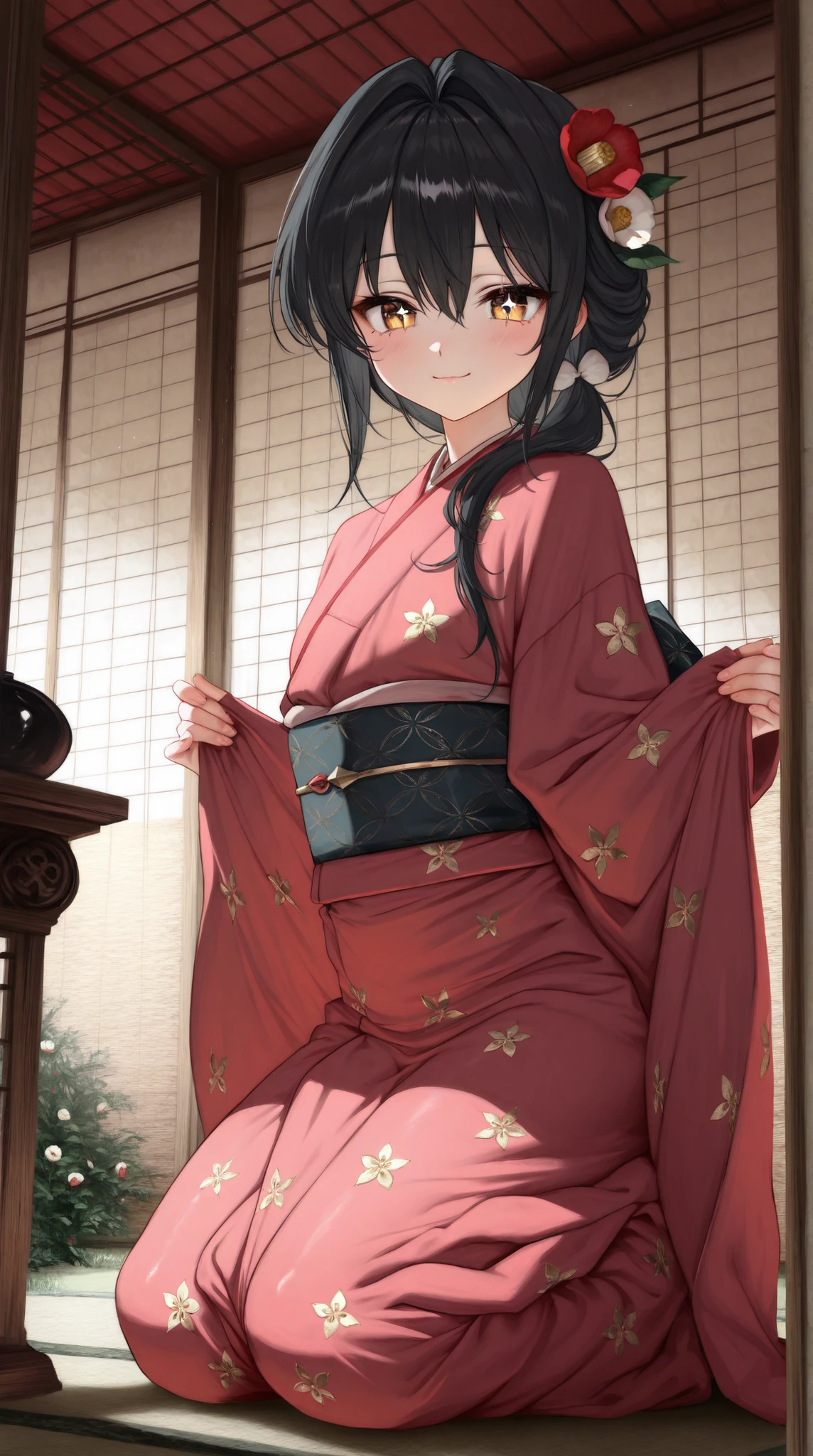 ((top quality)),( super high resolution),( Very Well Detailed),( detailed description ),(( best CG )),( best artwork ), Ultra Precise Art , Amazing Painting Art,( Exquisite Japanese Style Art :1.5), female, beautiful and well-groomed face, glossy black hair, Sparkling Dark Eyes, Japanese dress with camellia pattern, gentle smile, standing, Soft spring sunshine, Spring buds,