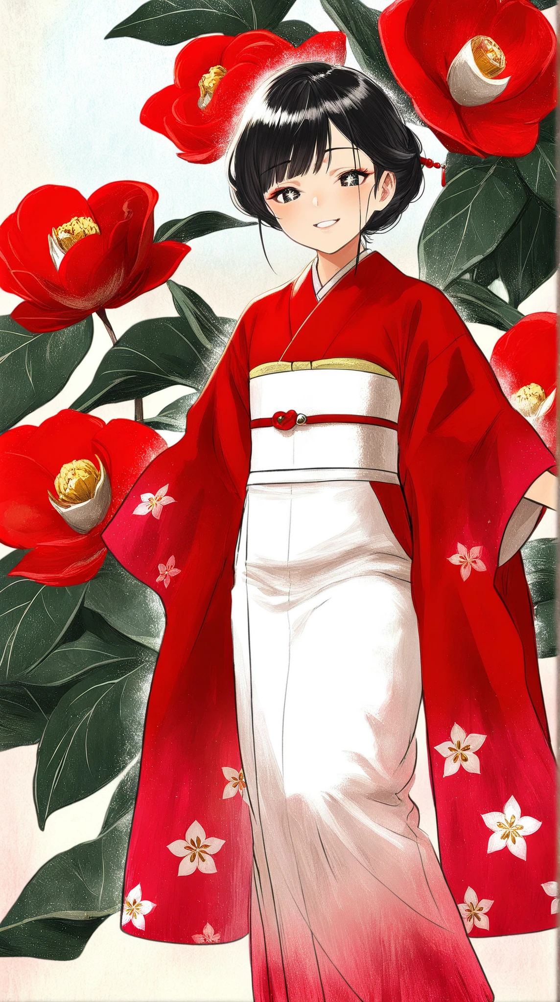 ((top quality)),( super high resolution),( Very Well Detailed),( detailed description ),(( best CG )),( best artwork ), Ultra Precise Art , Amazing Painting Art,( Exquisite Japanese Style Art :1.5), female, beautiful and well-groomed face, glossy black hair, Sparkling Dark Eyes, Kimono with camellia pattern, gentle smile, standing, Soft spring sunshine, Spring buds,