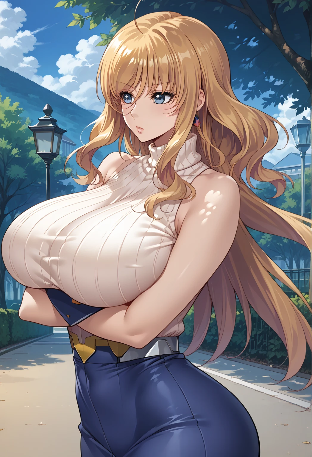 absurdres, (ultra-detailed), masterpiece, best quality, <lora:add_detail:0.6>, (lion girl, lion ears, lion mane, blonde, blonde hair, blue eyes, bangs, hair between eyes, long hair, red lips), (blonde, blonde hair:1.2), (elegant dress, blue dress, high heels, detached sleeves, pearl_bracelet, pearl_necklace, bead_bracelet, bead_necklace, beads, bare legs, collarbone), (1girl, solo, huge breasts, cleavage, shiny skin, curvy, thick thigs, wide hips, thin waist:1.2), (outdoors, landscape, sun, sun flare, fluffy clouds, mountains, tree, cliff, nature, blue sky), (cute, light smile, red cheeks, blush, looking at viewer), 90s vibes, 1990s \(style\), <lora:90s_Vibe:0.45>
