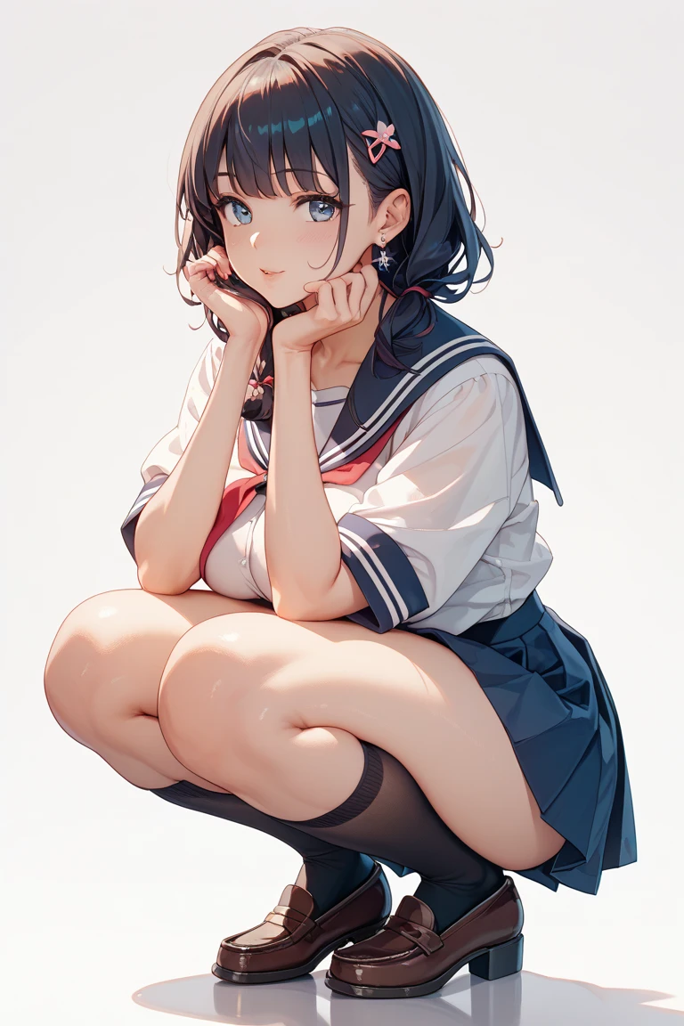 One girl、uniform、Sailor suit、Dark blue pleated skirt、Black knee-highs、White panties、Flat chest、Black Hair、Bobcut、Hands and feet tied、Short sleeve、blush、concrete