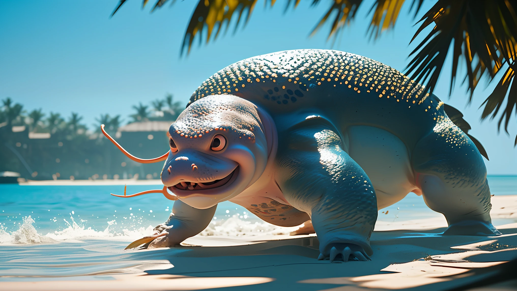 A highly detailed, realistic Slowbro standing in shallow, clear water. Its pink, slightly wrinkled skin has a soft yet amphibious texture, with subtle moisture reflecting the sunlight. Its large, round eyes have a vacant yet peaceful expression. The Shellder attached to its tail appears as a rugged, dark gray shell with a rough, barnacle-covered surface and sharp, menacing teeth. Slowbro’s limbs are thick and sturdy, with webbed fingers that hint at its aquatic nature. The environment is a tropical beach with gentle waves, warm golden sunlight, and distant palm trees swaying in the breeze. The background is slightly blurred to give a natural depth-of-field effect, making Slowbro the focal point of the scene.