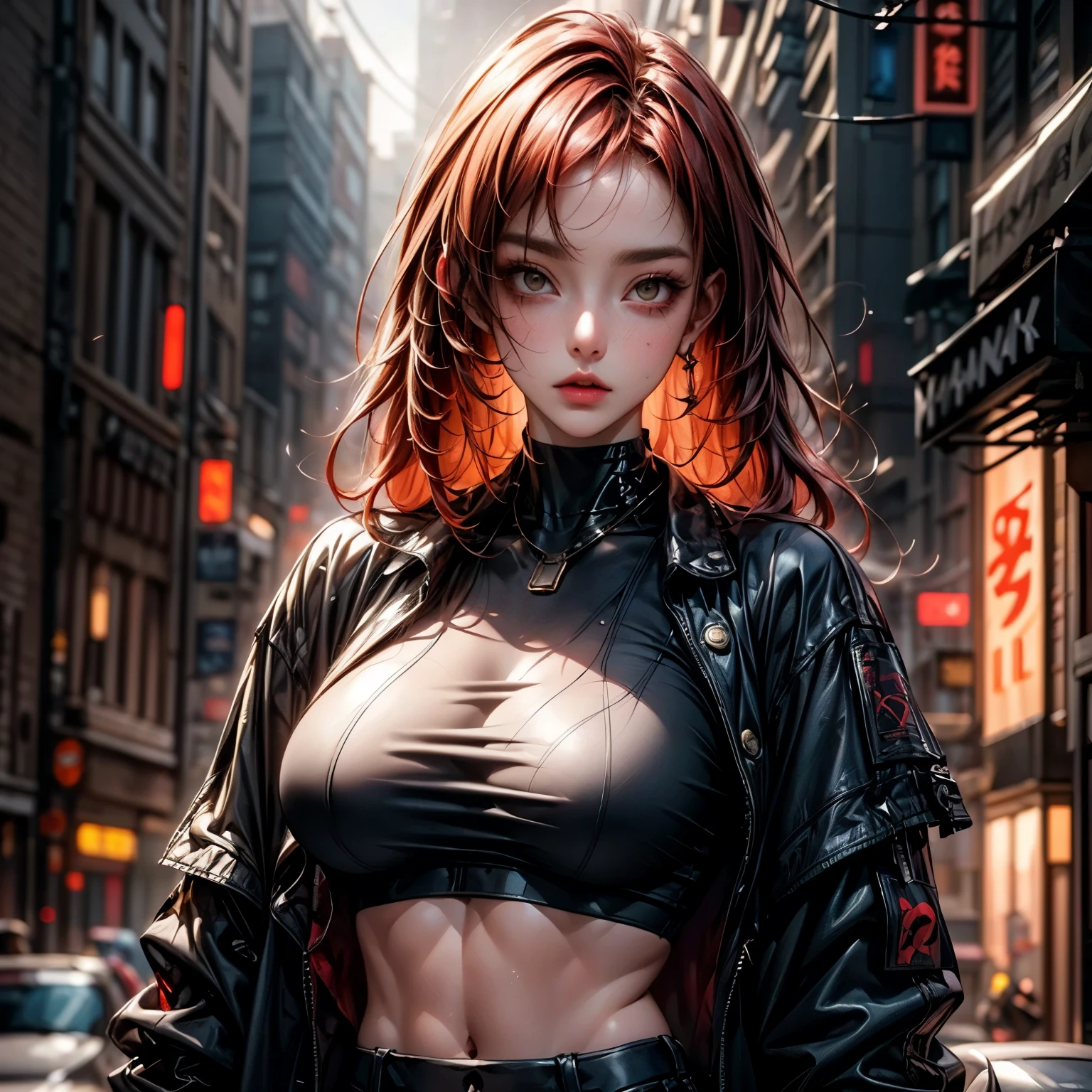 ((extreme quality)), ((Masterpiece)), ((Enrich the picture，Masterpiece level quality)), red hair, curtainbangs, very big breasts, golden eyes, fierce woman, ultra eyes details, RAW 4K, Realistically , ((great effect to highlight the subject)) , ( cinematic lighting, moody, textile shading), perfect proportions, ultra detailed, volumetric lighting, soft lighting, glossy skin, beautiful face, Special face details, strong emotions, elegant gesture, Detailed facial features, Long eyelashes, contrast, Incredible atmosphere, Fascinating setting, Haunting beauty , black mini skirt , mini t-shirt, tigh jacket, street fashion, cyberpunk,