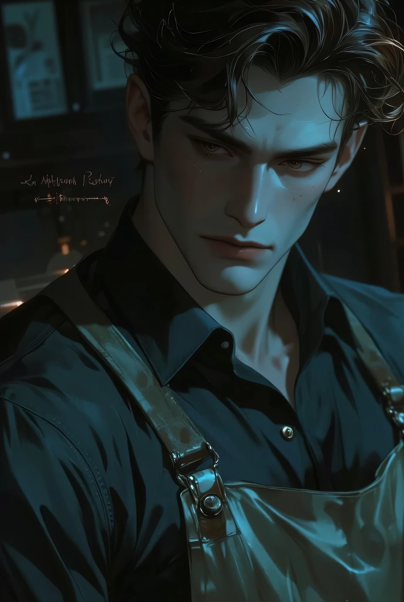 MALE, ((Brown eyes)), ((light brown hair Side Part – A classic, combed-over style with a deep side part.)), wearing an apron, inside dim bedroom, cool lighting hues. ((MUSCULAR, broad shoulder)), (close up face), ((dark under eyes). Looking down.