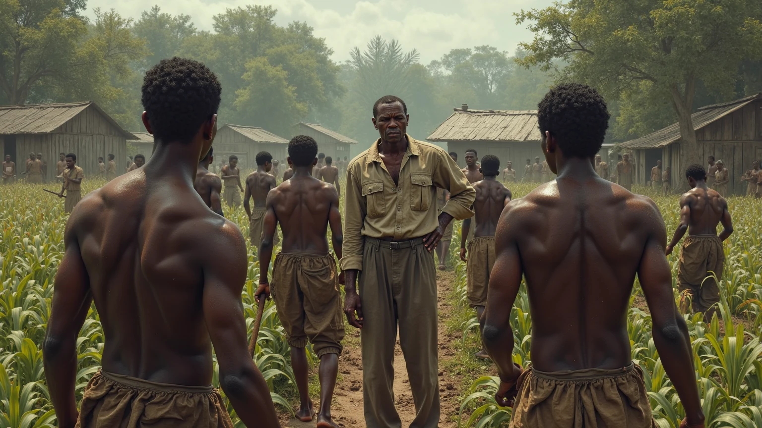 A man with a cane and behind him a group of people with machetes who were with him