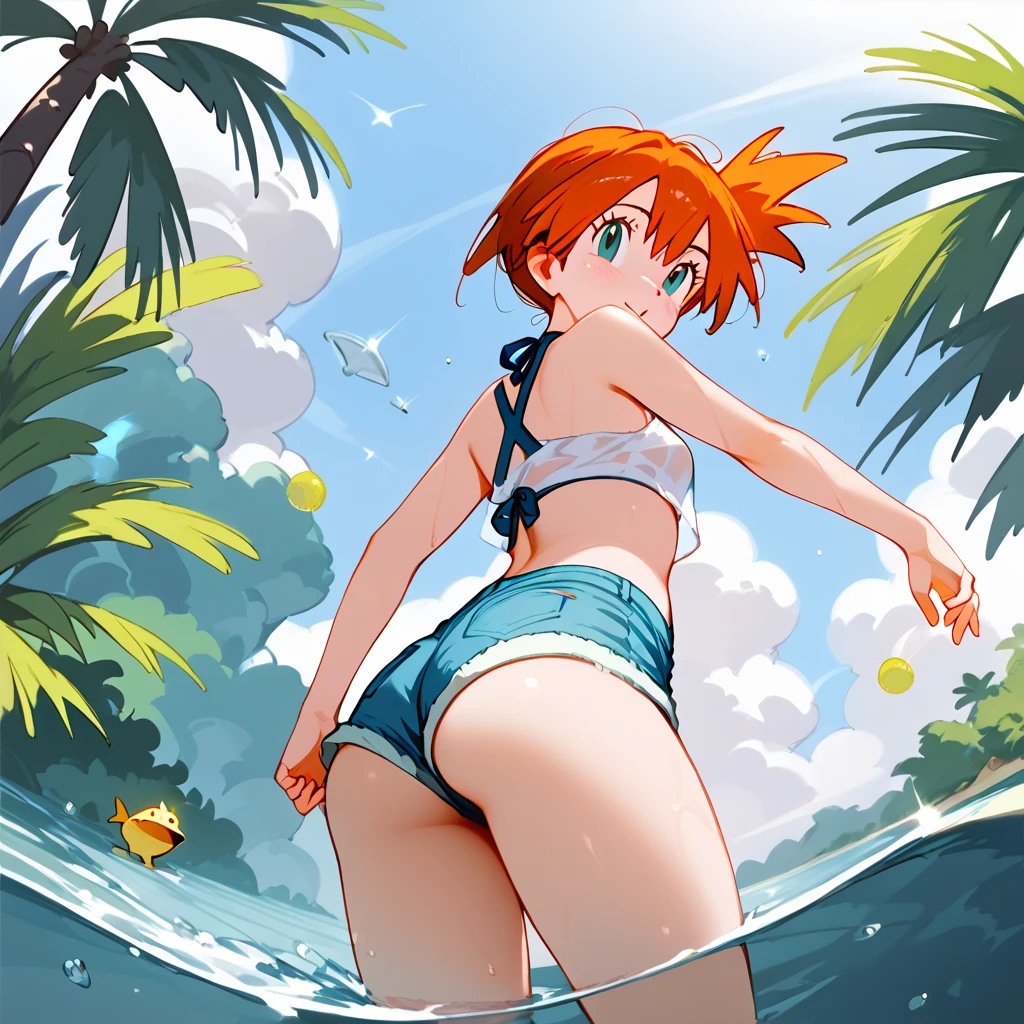 ((masterpiece,best quality)), absurdres,
Misty_Pokemon, yellow crop top, suspenders, side ponytail, orange hair, denim shorts,
solo, smiling, blushing, looking at viewer, cowboy shot, from behind,
cinematic composition, contrapposto,
tropical beach,