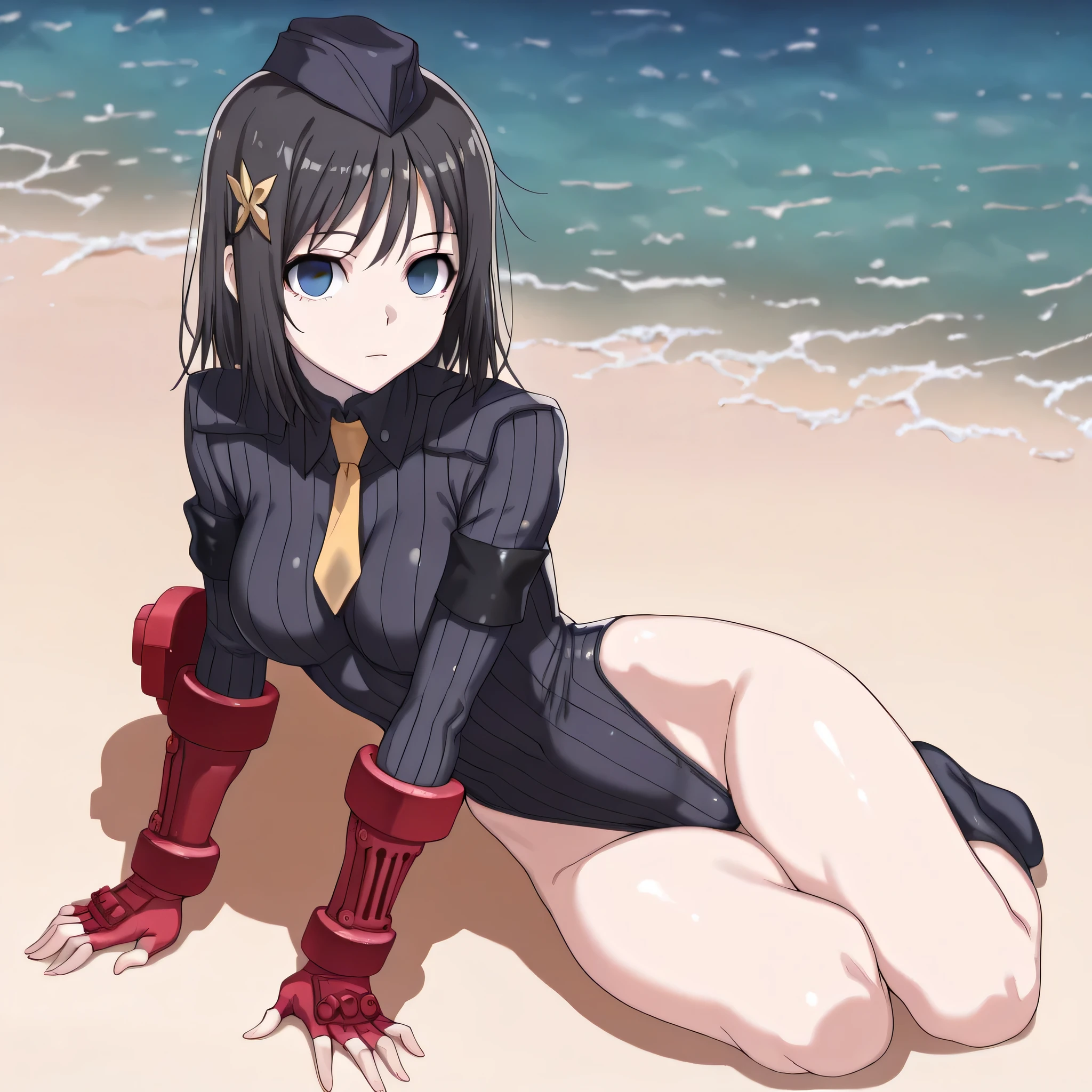 (((Masterpiece))), (((Best Quality))), ((Super Detail)), ultra-High resolution, score_9,score_8_up,score_7_up,score_6_up,score_5_up,score_4_up, BREAK, source_anime, anime screencap, uncensored, rating_explicit, Masterpiece, (best shadow), (absurdres), (detailed background), (very aesthetic), shiny, detailed beautiful eyes, outstanding, countershading, detailed soft lighting, an exquisite animation illustration, curvy, empty eyes, expressionless, blank eyes, looking at viewer, full body, emotionless, Fighting Stance, shadaloo dolls, red gloves, hat, cowboy shot, fingerless gloves, gauntlet, red gauntlet, leotard, cosplay, highleg, highleg leotard, red gloves, garrison cap, dark persona, ribbed leotard, yellow necktie, (((solo, 1girl))), hair ornament, submissive pose, seductive pose, medium breast, black hair, short hair, blue eyes, sea background, water background, submerged, lying down on water, wet body, soak, (((full body)))