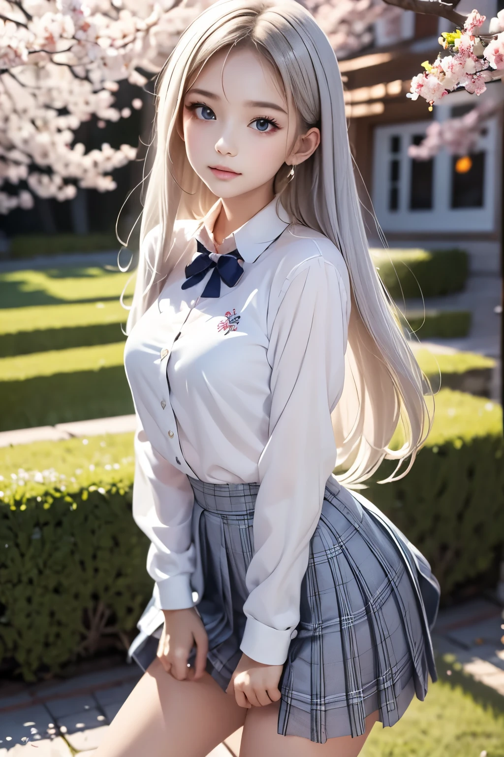 masterpiece,top quality,very detailed,photorealistic,realistic, Ultra High Resolution, Masterpiece,pretty girl,elegant,Age 15,long silver hair,skinny,Completely,slender,is very cute,blazers,school uniform,white shirt,tie,plaid skirt,socks,cherry blossoms in full bloom,Cherry blossom trees,Cherry Blossom Viewing,garden, correct handshake,Active Poses,Outdoors