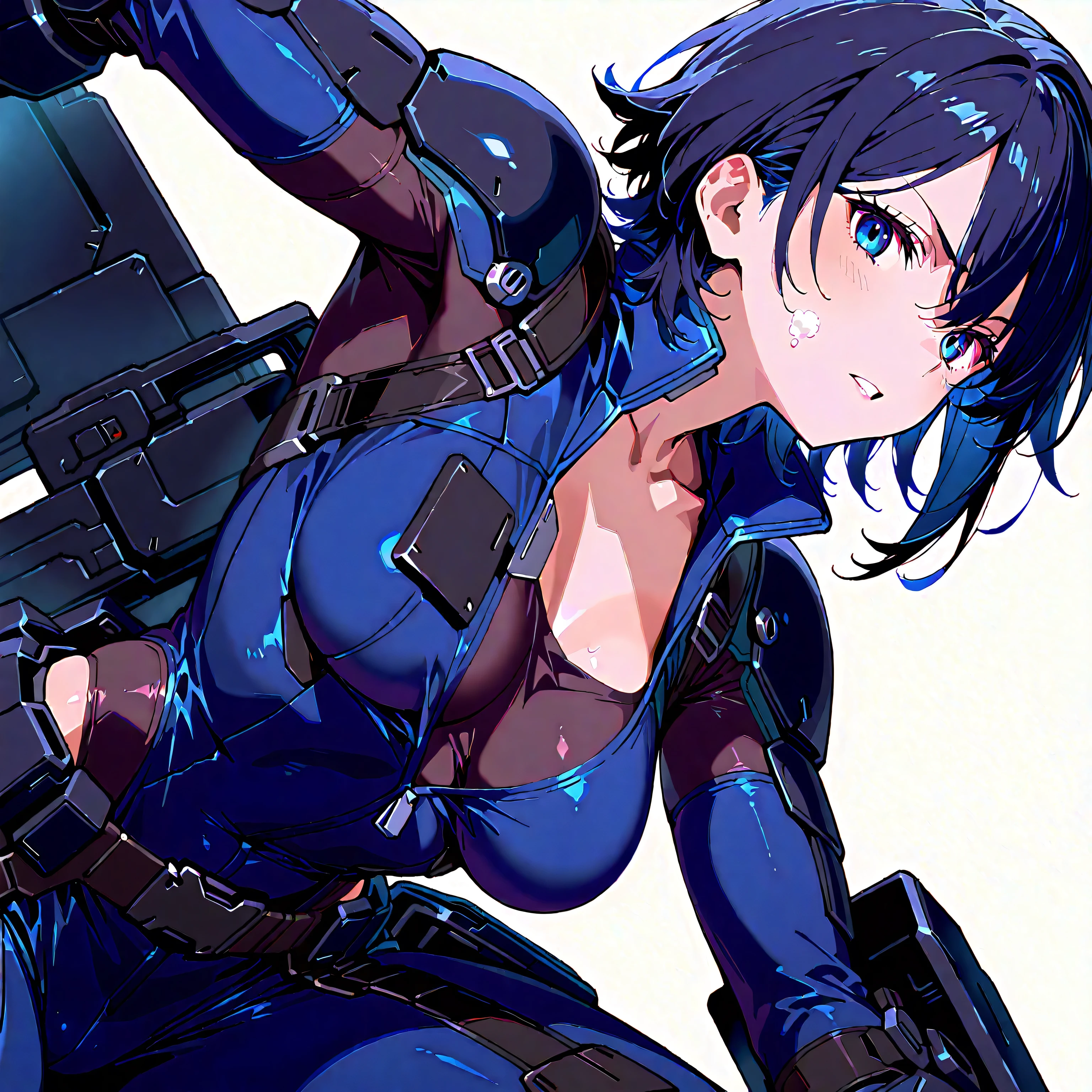 full body,masterpiece, high details, high quality, best quality, anatomically correct, masterpiece, textured skin, super detail,ultra-detailed, best quality, extremely detailed, 8k, high res, realistic, 1girl, 18yo, beautiful girl, (half closed eyes),(narrowed eyes:1.2),(open mouth), (blush:1.2),BREAK,(Diving Suit:1.8), (rubber bodysuit:1.4),blue beautiful eyes, (dark blue medium bob hair,asymmetrical parted bangs:1.6),BREAK,(voluptuous bust:1.3),(Gaunt , thin waist:1.3),looking at viewer,white background, 