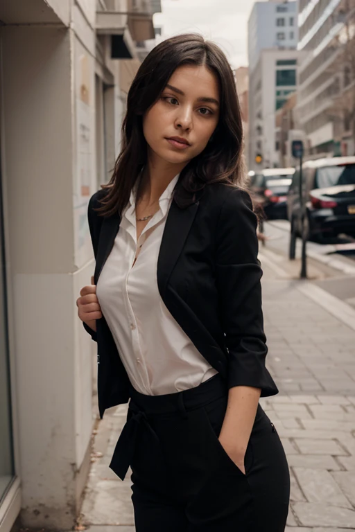 An extremely beautiful caucasian woman wearing short blazer on white shirts with black pants