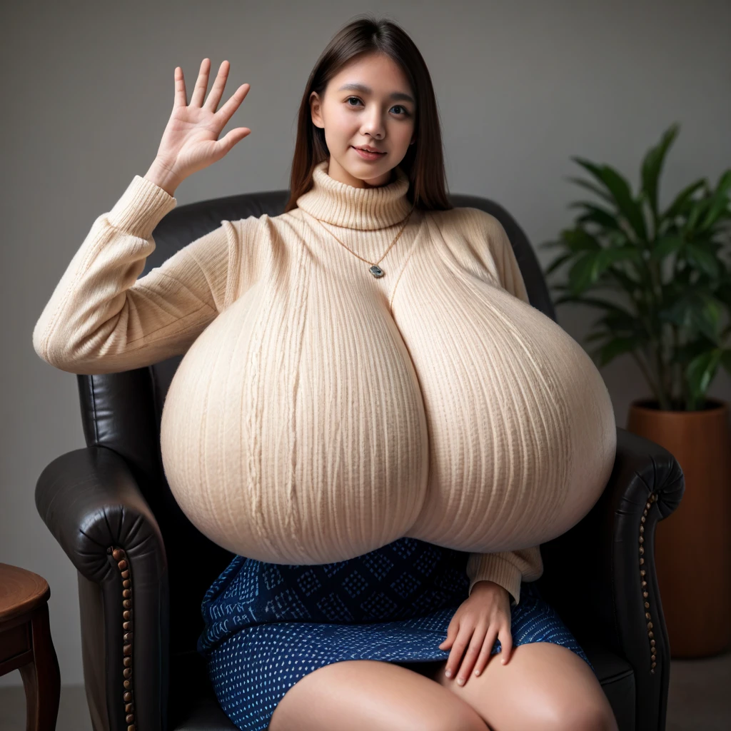 Breast expansion, (enormous boobs), (huge boobs)  , massive breasts, slim girl, thin waist, , dark hair, bigger breasts, beautiful face, undersized cow bikini,