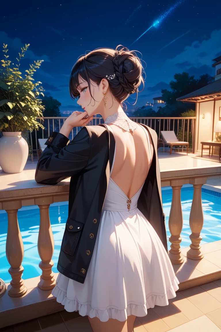 (8K、Live shooting、highest quality、Masseter muscle part:1.2)、super detailed、super resolution、(realistic、real pictures:1.37)、Portrait、High-definition RAW color photo、professional photography、hvery detailed and beautiful、very detailed、8K wallpaper、amazing details、huge file size、official art、Hvery detailed CG Unity 8K wallpapers、hvery detailed beautiful girl、very detailedな顔、very detailedな目、very detailedな肌、very detailedな指、hvery detailed nose、very detailedな詳細な口、perfect anatomy、detailed background、Detailed service、((1people々Girls and strong guys1people))、(20:1.2)、20th generation、pretty girl、realistic body、petite、white skin、glowing skin、Because I'm slender、black haired、((Straight and shorthair))、((Shaggy hair))、(messy bangs: 1.4)、cute face、real-looking face、delicate eyes、Drooping eyes、((by the pool))、((A man and a woman soaking in the pool up to their waists))、(((黒のビキニを着たwoman)))、(((womanの胸が露出している)))、((naked man from the waist down))、((she has her arms crossed behind her head.))、((woman'hands are delicate and beautiful))、((standing posture))、((後ろからwomanをハグする男性、womanの胸をつかむ))、((man with all back hair1people))、((男性の首に置かれたwomanの腕))、((womanは振り返って男性にキスします))、((sexy bose))、Ear Nipple Ring、necklace、cowboy shot、((Landscape))、contrapo、dynamic lighting、((Firm D cup))、((cleavage))、((small and beautiful pink areola,,,,,,,,,,,,,,,,,))、((look behind you))、((Expressions that endure pain))、