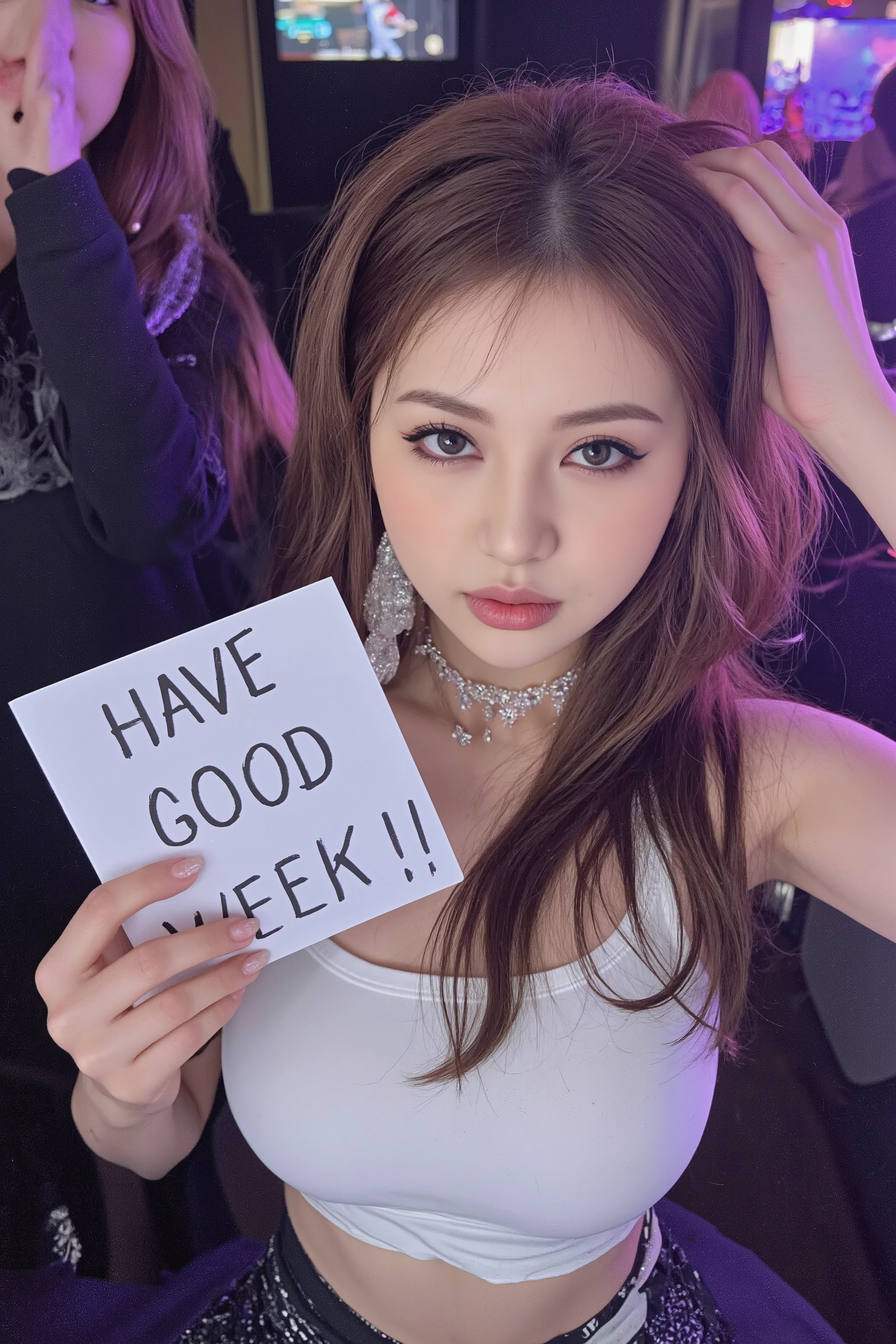 (masterpiece, top quality, 8k, sharp concentration, description depth of the boundary, Best Shadow, Perfect Lighting, high resolution, realistic skin texture, ultra- details background, details), A young and top class beautiful woman from Shibuya「Have a good week!!」Hold a sign with the letters printed on it、(He is slim, Compensate, eyeliner, glitter), At the nightclub, cyberpunk theme, Cyberpunk City.