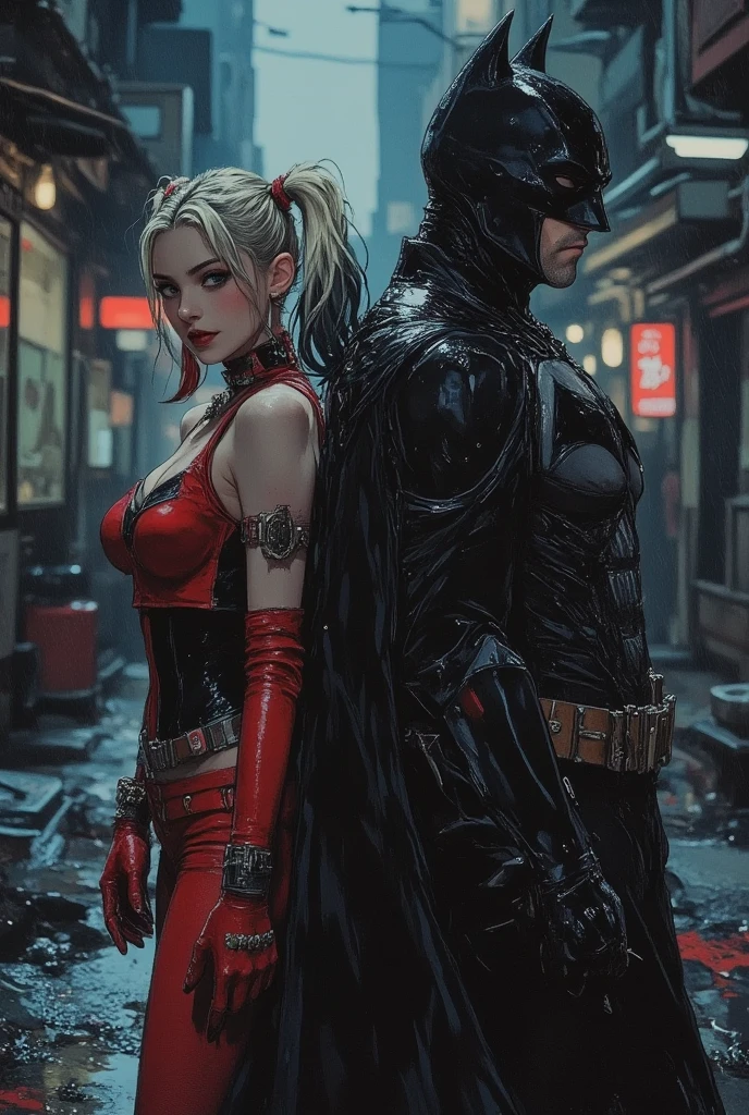 full-body shot, arkham city, arkham knight CGI art style, by rocksteady studios, couple, tall heroic brawny pale young man with glowing green eyes, subtle grin loving expression, messy white hair, thick eyebrows, black and red armored super suit, upturned collar cape, he is holding his girlfriend Harley Quinn, she is wearing a skirt and fishnet stockings, blue batman is looking down at them from a top the gotham city tower with a full moon behind him,