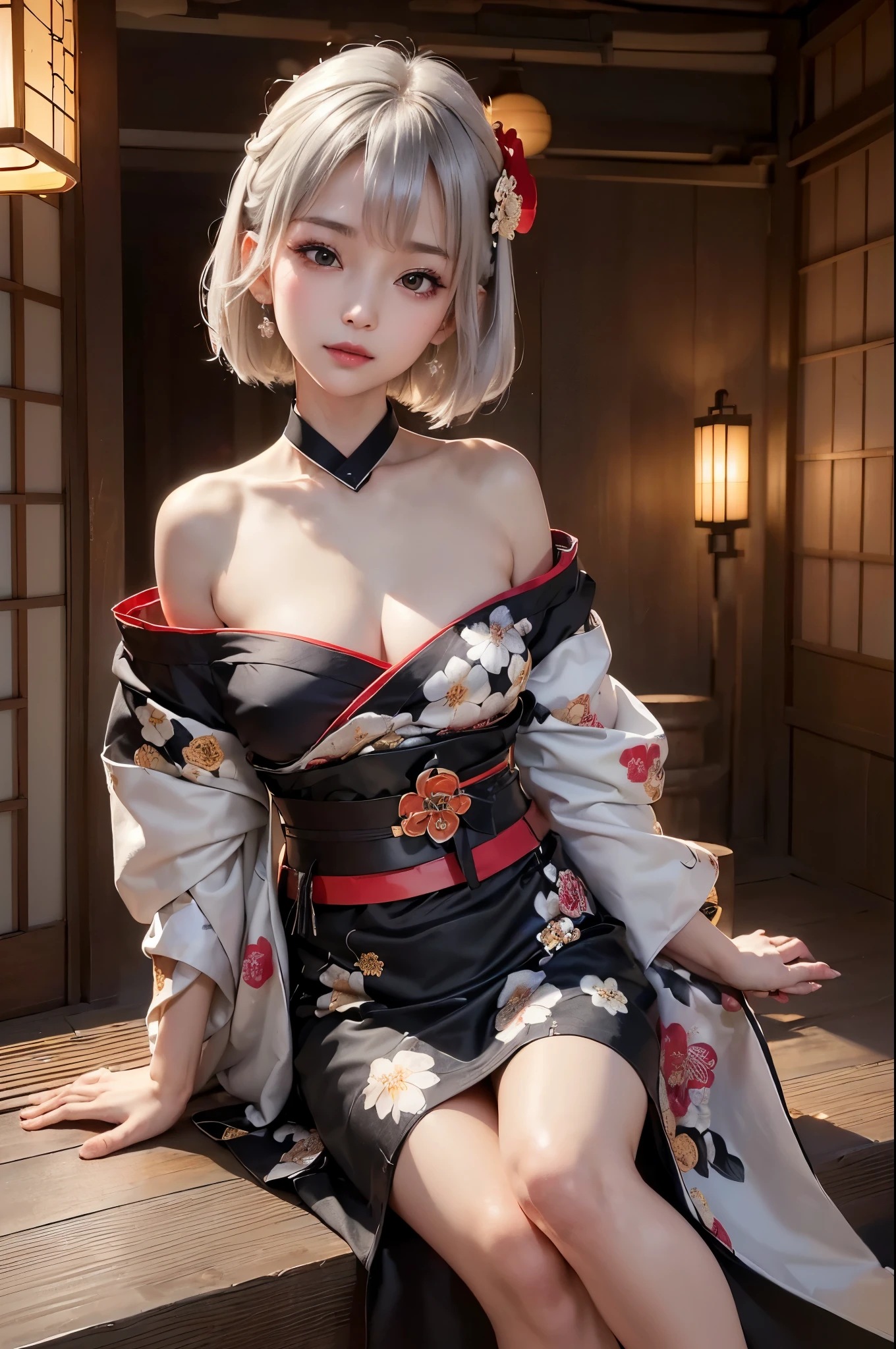 ((alone、A woman wearing a floral patterned kimono、A woman posing gracefully while sitting:1.4、Detailed face、brightexpression、young, bright, Whiter skin、Best Looks、Ultimate beauty、White hair with shiny highlights、Shining bright hair,、Trim your hair:1.2、Hair dancing in the wind))(Inside an old house in Japan、night、Indirect lighting creates a nice atmosphere)((Off-the-shoulder style、Expose your shoulders、Expose the neck、Exposing cleavage:1.2))The sleeves of the kimono are connected((Black kimono with floral pattern and red obi:1.3)