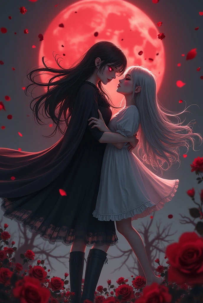 quality\(masterpiece, best quality,8k,wallpaper of extremely detailed CG unit,hight resolution,top-quality,top-quality real texture skin,hyper realisitic,increase the resolution,RAW photos,best qualtiy,highly detailed,the wallpaper\), BREAK ,(1couple\(1vampiress embracing 1victim\):1.4), BREAK ,1vampiress\(girl, silver hair, long hair,teen, floating hair, beautiful hair, shining hair, sharp fangs, red eyes, glowing eyes, big eyes, frilled shirt, gothic black cape, gothic frilled skirt, gothic black boots, skinny,breast, ,pale skin,floating in sky\), BREAK ,1victim\(small,relaxed, black hair,short hair, pajama ,eyes closed\), BREAK ,background\(very dark night, beautiful full moon\(shining bloody red\), many red roses, thorn (ivy:1.2), rose petals in the sky\)