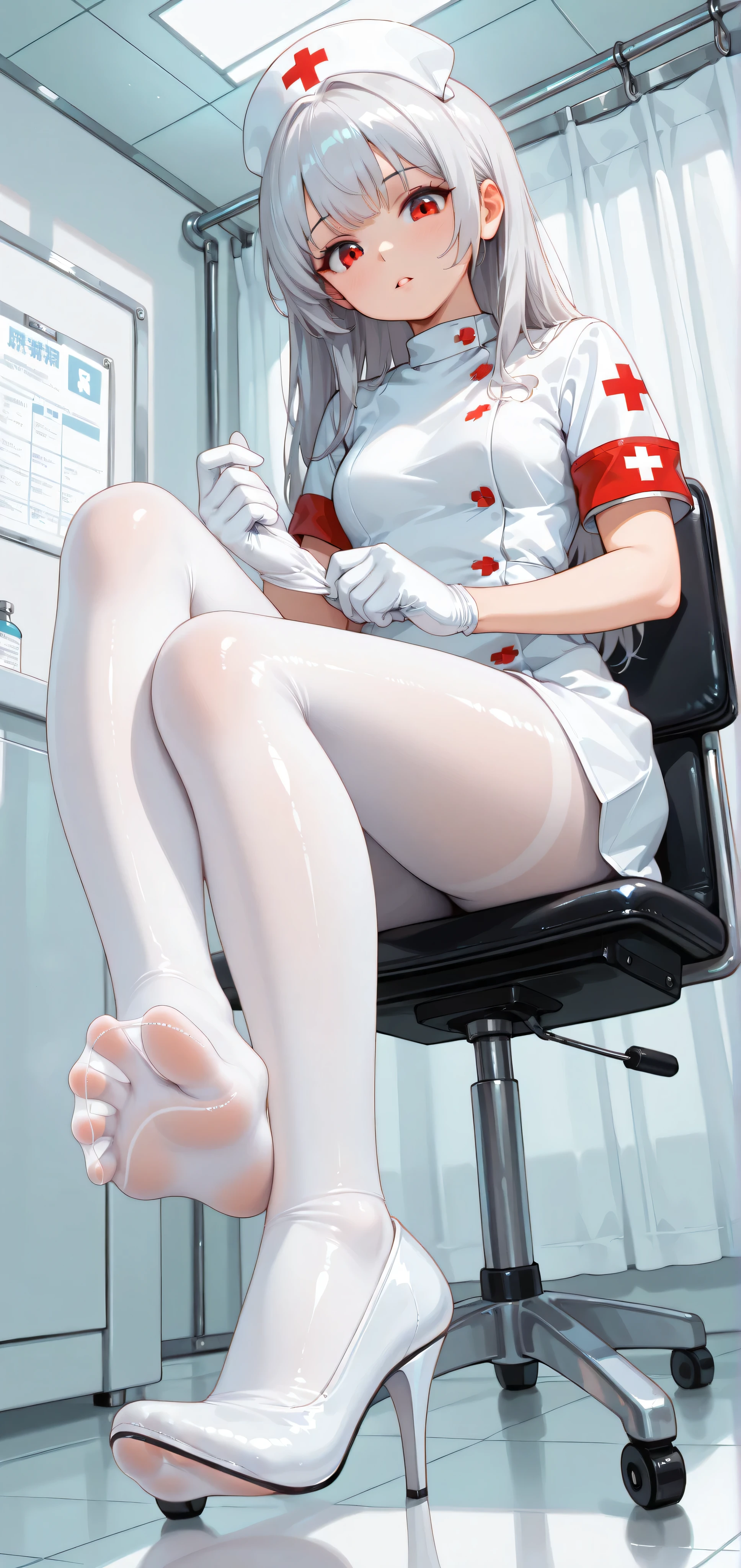 1girl, solo, nurse, white latex gloves, white transparent pantyhose, long hair, silver hair, red eyes, parted lips, sitting on chair, legs, putting on the glove, hospital background, sexy, short skirt, looking down at viewer, detailed feet, detailed soles, adjusting the glove, [(((right foot, wearing a white high heel)))], spread toes, feet, legs, focus foot,