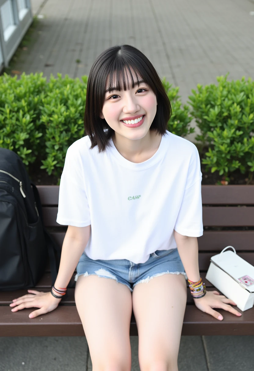 Beautiful woman reading on a park bench、Belly button look、mini skirt、a smile
