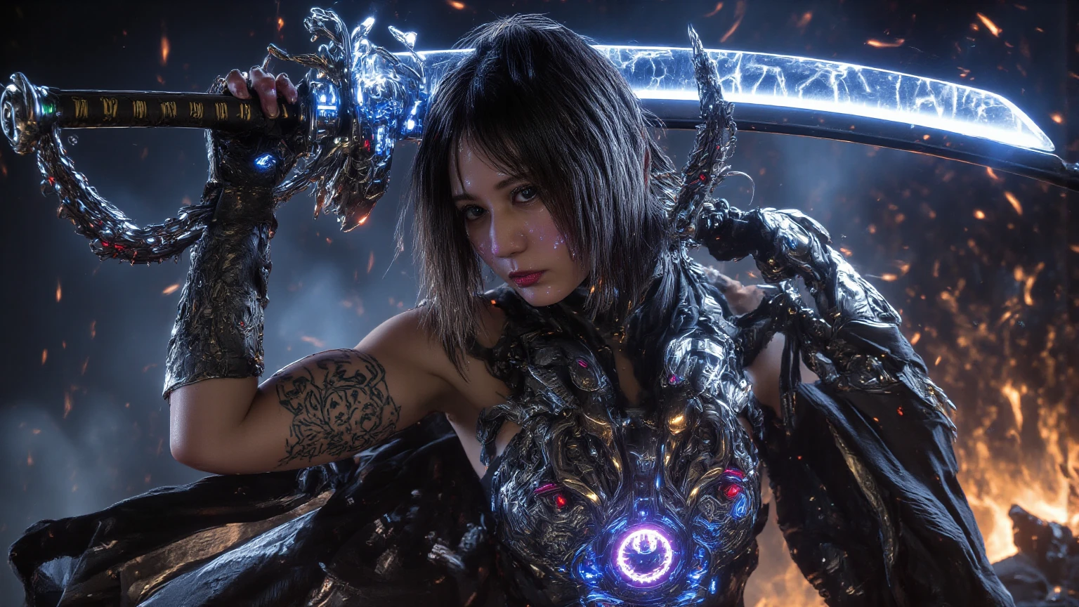 (8k, RAW photo, best quality, masterpiece:1.2), mecha, cyberpunk, ultra-detailed, 1 girl, cute, solo, (nose blush), (smile:1.1), (closed mouth), large breasts, seductive smile, large aperture, professional lighting, Sony A7R4, Zessie 50mm F1.8, medium breasts, beautiful detailed eyes, beautiful detailed nose, beautiful detailed lips