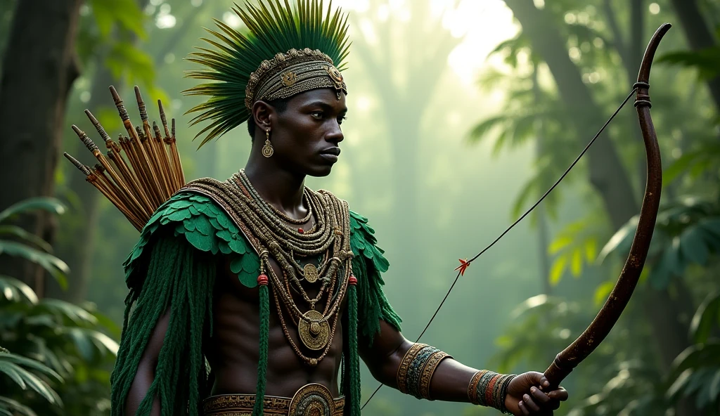 black-skinned male, shorth hair, having only one leg, in one hand he carries a small spear with seven points, dressed only in leaves and herbs, that involves the waist and chest, calm demeanor, pure and distracted, olhando para as Trees, a beautiful bird accompanies him like a faithful friend, está localizado em uma flowersta virgem, richly adorned with many species of plants, Trees, climbing vines, flowers, all with great healing power, a great atmosphere of joy and protection is in the air, a stream in the distance.