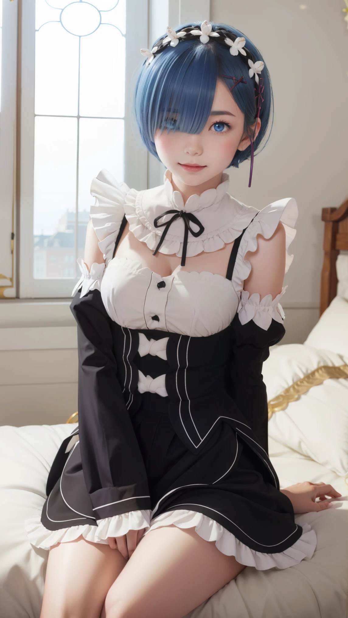 {{{masterpiece}}}, {{{top quality}}}, {{super detailed}}, {illustrations}, {{an extmely delicate and beautiful}}, (Beautiful eyes in every detail:1.6), extmely detailed face, extmely detailed CG, (perfect hands, perfect anatomy), 16k, Anime Face, m (:zero), phRem, 1 girl, cute face, blue hair, short hair, hair covering one eye, blue eyes, hair ornament, x hair ornament, blush, big basts, thin waist, big hips looking down, Carvicious, Maid, roswaal mansion Maid uniform, detach sleeve, black sleeve, black ribbon, 白いthighハイソックス, apron, black skirt, thigh, absolute region with to, break, lies to Vibra, On the back, smile, open your mouth, is embarrassing, blush, stare at the audience, on the bed, , body pillow