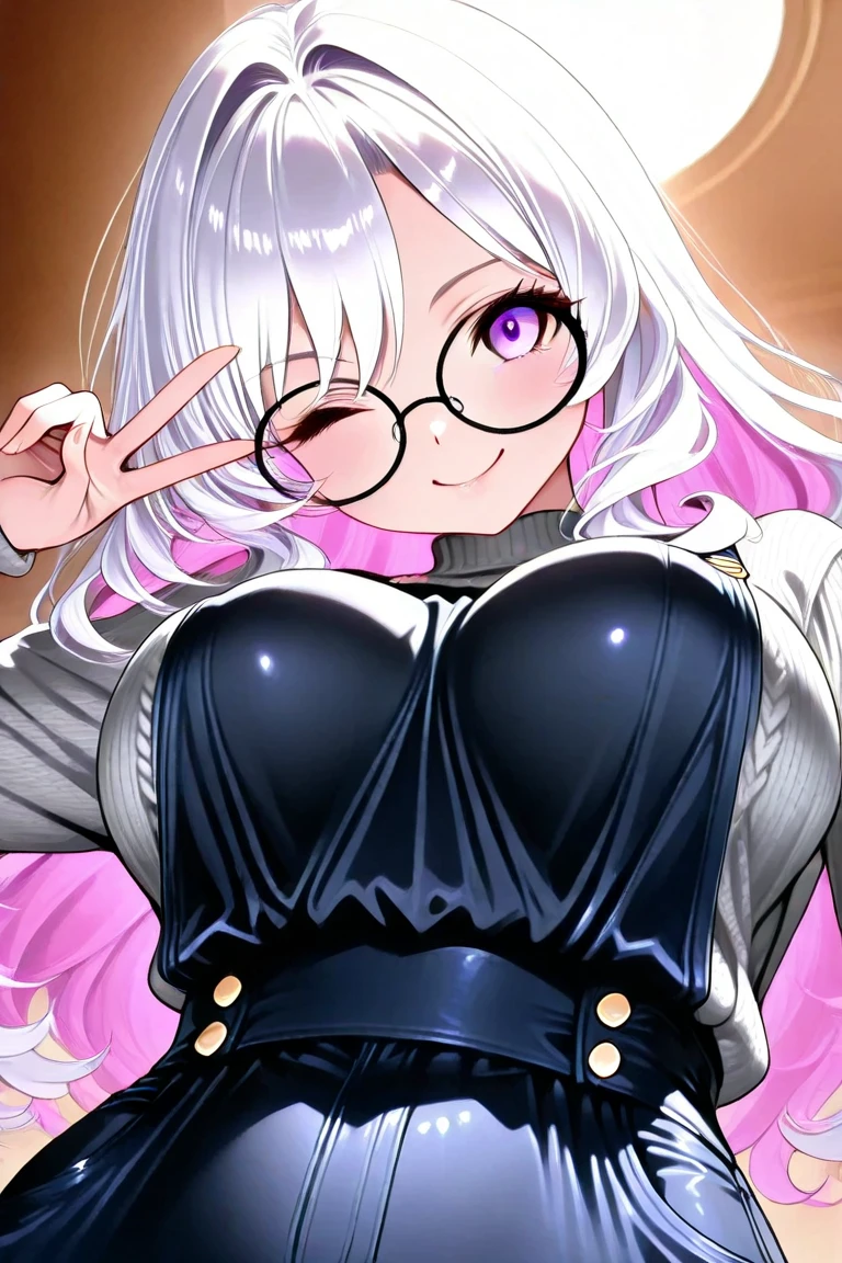 (masterpiece, best quality:1.2), (high resolution, 8K RAW photo, photo realistics, clear focus, weak outline:1.3), (cinematic lighting, moody image atmosphere, textile shading), pov, solo, ((nfsw:1.5, breast cleavage, harass sexually, in heat, presenting)), ((beautiful eyes)), ((white hair)), long hair, assymetric hair, half updo hair , ((violet eyes eyes)), bokeh , (correct anatomy:1.6), (naked) ,((in the office)), (shy), (happy), (cute), (hearts in the air), (office worker suit), (glasses),