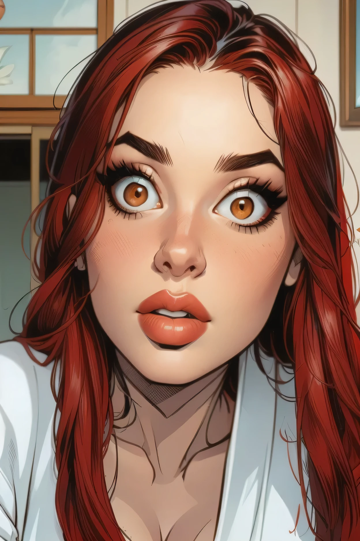 (perfect face), 1girl, red hair, long straight hair, red thin eyebrows, brown eyes, big eyes, black eyeliners, nose, thick lips, big lips, (surprised), (talking), blushing, collarbone, cleavage, medium breasts, white kimono, (looking at viewer)