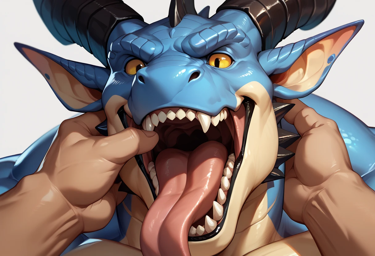 Drunk Young Lizardman、Black body、White belly、Toned body、Two white horns、Sparkling blue eyes、Friendly friend、Hotel、Blowjob、((ejaculation、Close your mouth and bite))、cool、