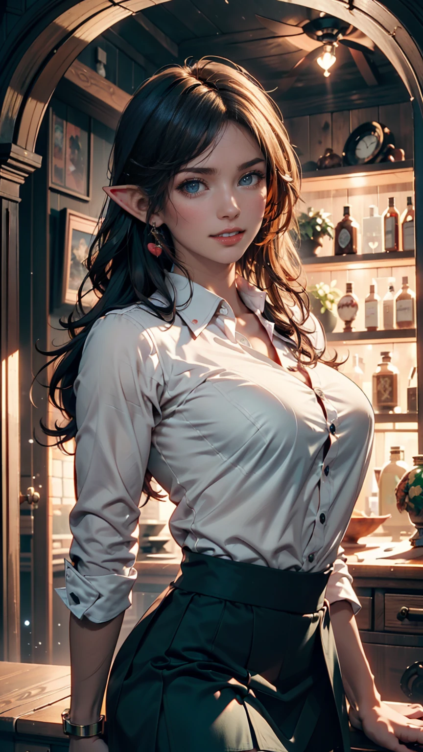female elf, voluptuous, intricate, elegant, highly detailed, magnificently detailed accentuated big booty, wearing wet t-shirt and jean shorts, aboriginal woman, digital painting, artstation, concept art, smooth, sharp focus, illustration, art by artgerm and Greg Rutkowski and alphonse mucha, 32k,