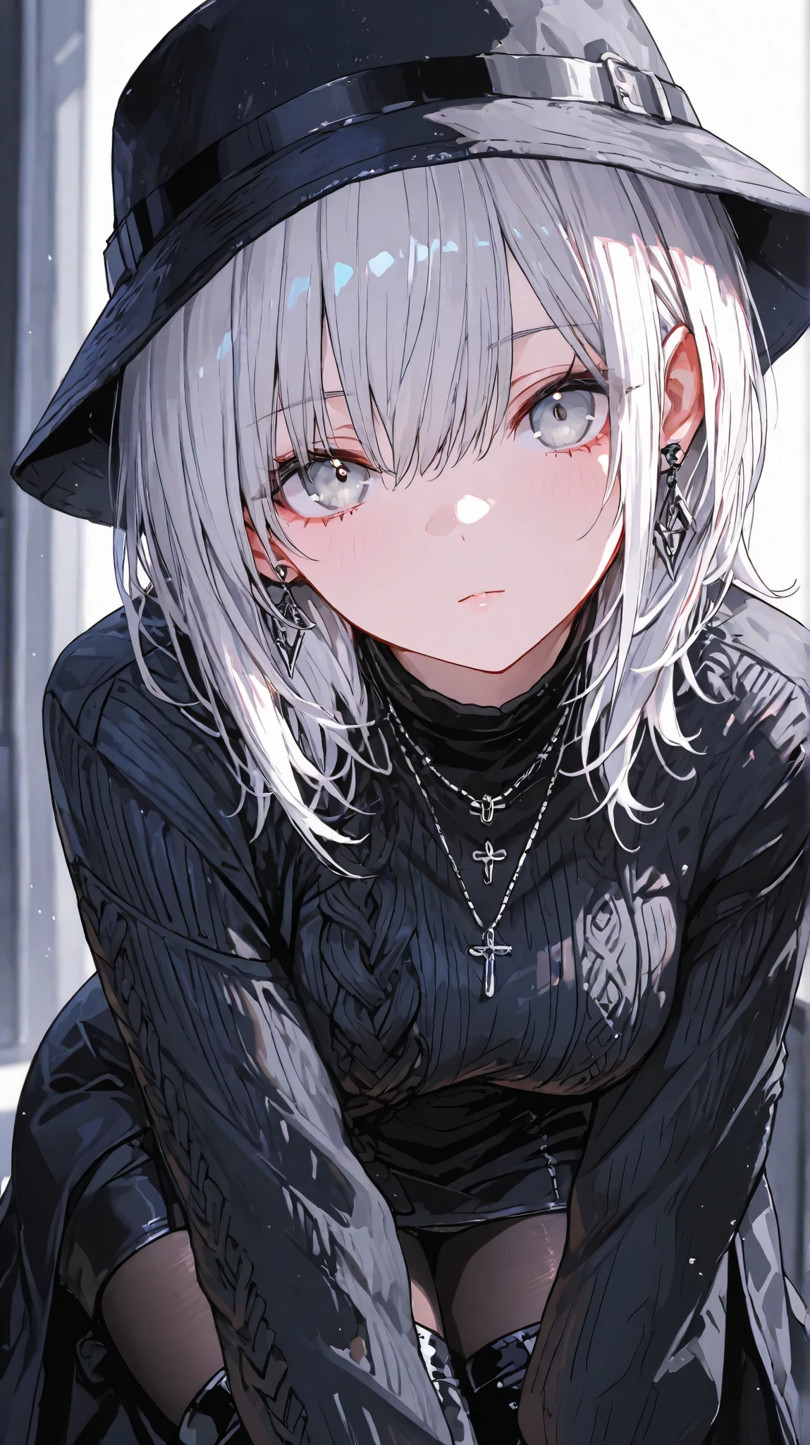 1 girl,medium hair, solo,silver hair,silver eyes,looking at viewer, (EyesHD:1.2), masterpiece, best quality, ultra-detailed, very aesthetic, sharp focus, depth of field, vibrant colors, ray tracing, best lighting, detailed illustration, detailed background, cinematic,extreme close up, necklace, earrings, black bucket hat, black Asymmetric knit dress,black trench coat,black thigh boots ,black pantyhose