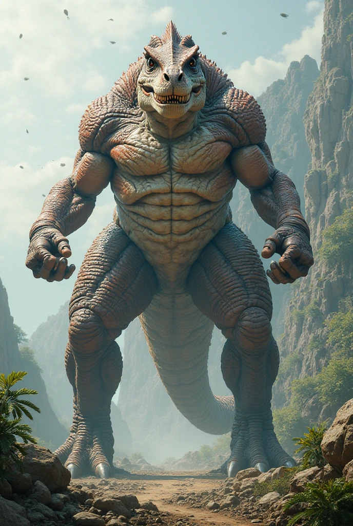 a draconian, erected, Big Stomach, head up, strong and fleshy upper body, ultra detailed, put human in the picture, size comparison with human